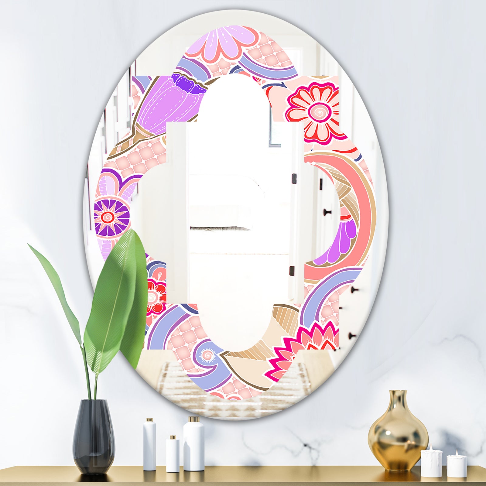 Floral Botanical Retro XIII - Modern Round or Oval Wall Mirror - Quatrefoil