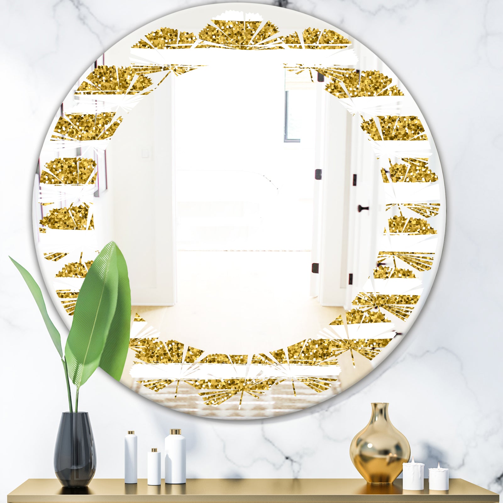 Golden Horizontal Lines - Modern Round or Oval Wall Mirror - Leaves