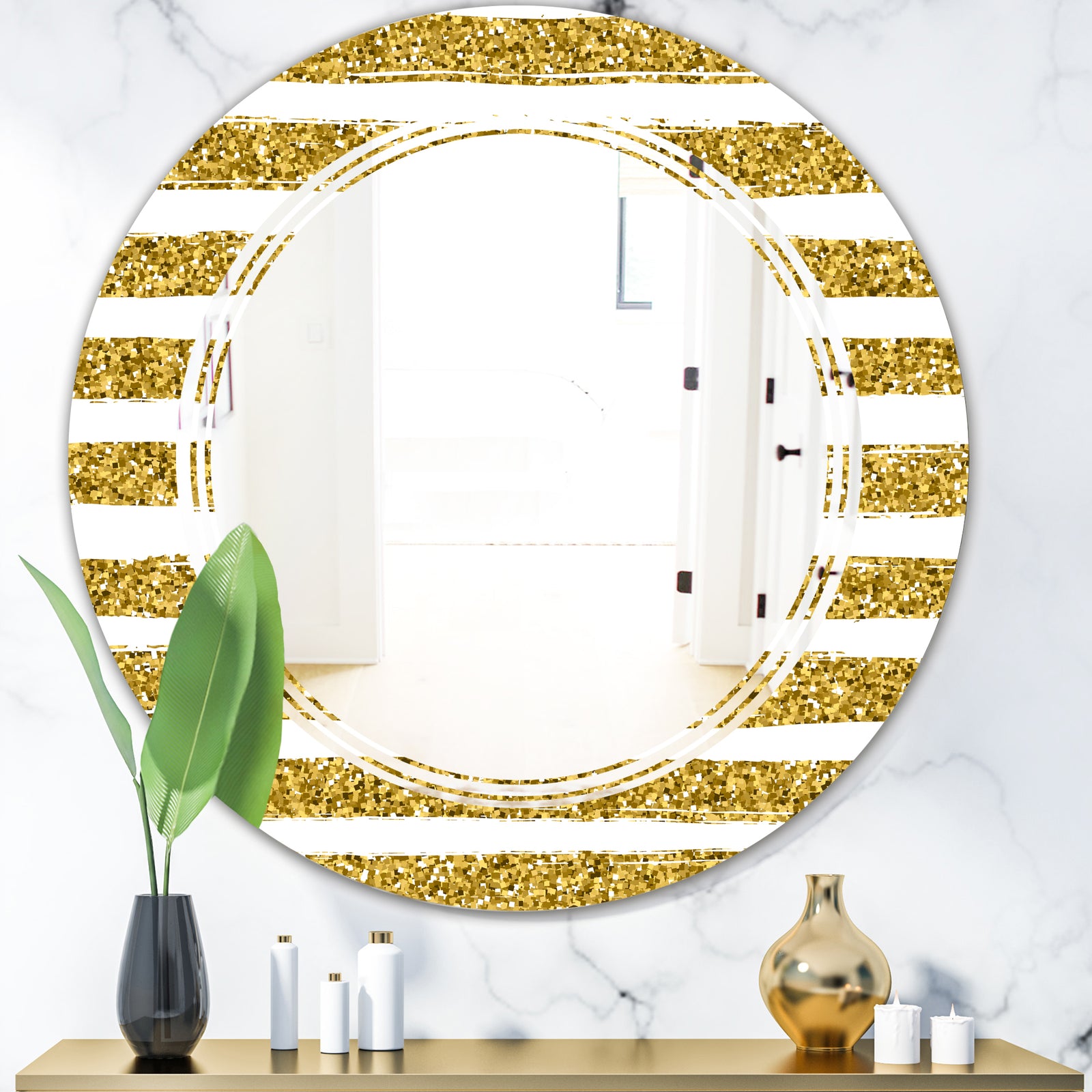 Golden Horizontal Lines - Modern Round or Oval Wall Mirror - Triple C
