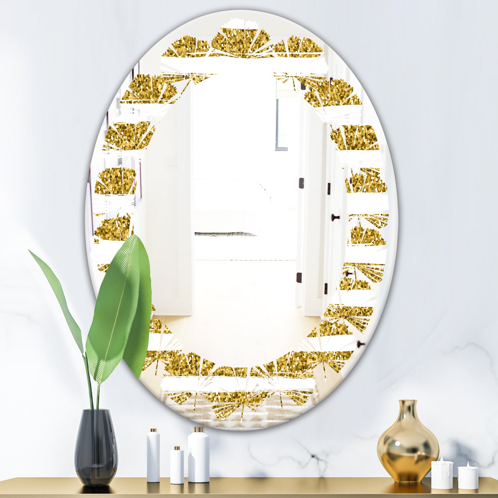 Golden Horizontal Lines - Modern Round or Oval Wall Mirror - Leaves