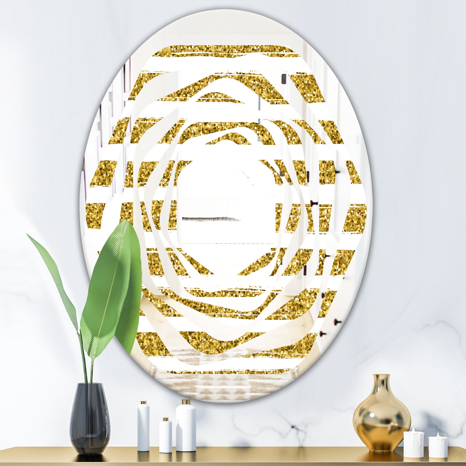 Golden Horizontal Lines - Modern Round or Oval Wall Mirror - Whirl