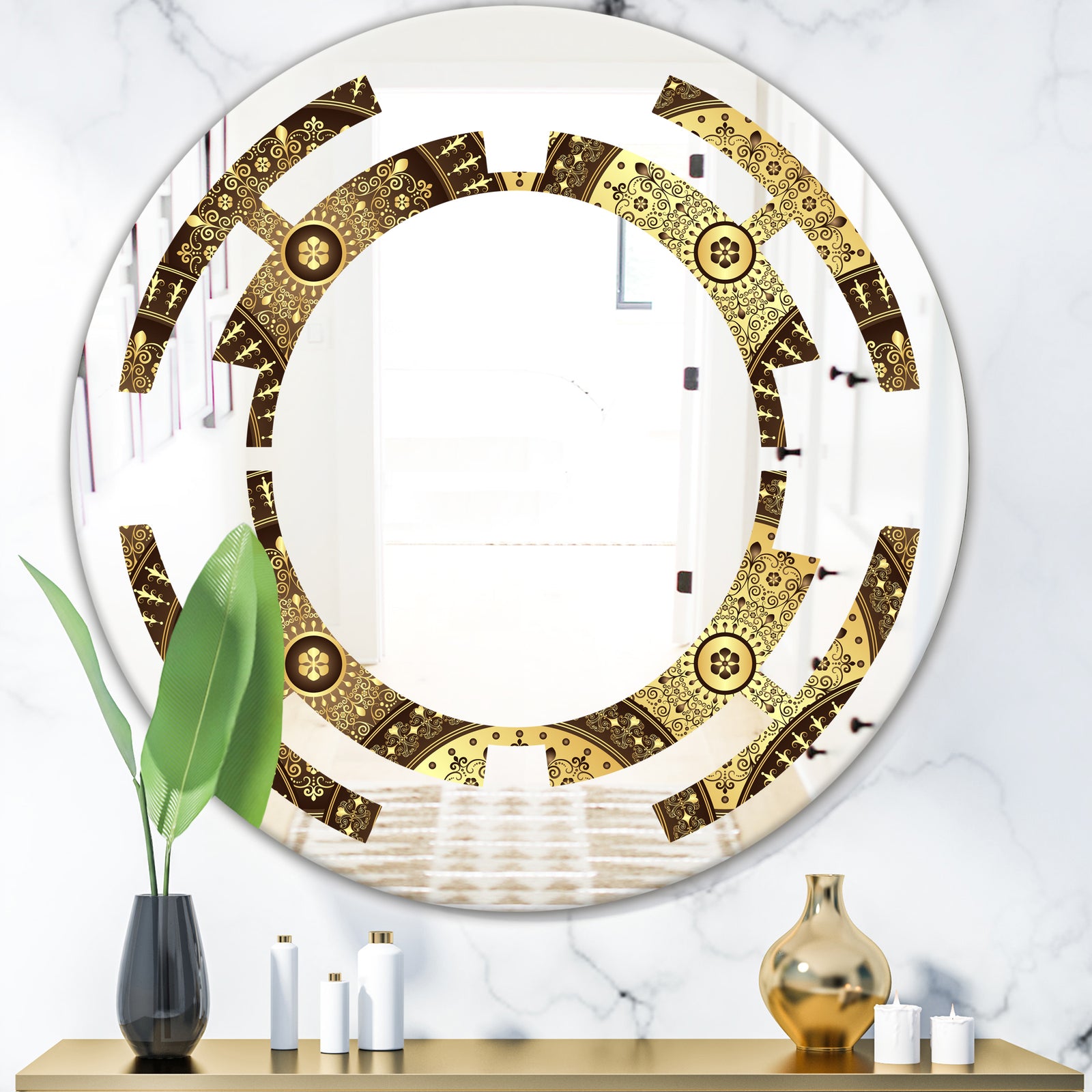 Golden Circular Pattern I - Modern Round or Oval Wall Mirror - Space