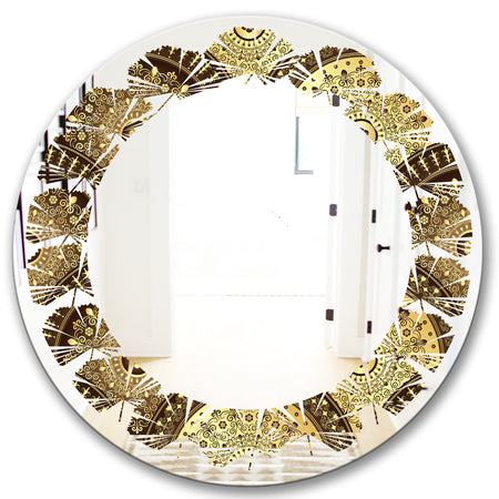Golden Circular Pattern I - Modern Round or Oval Wall Mirror - Leaves