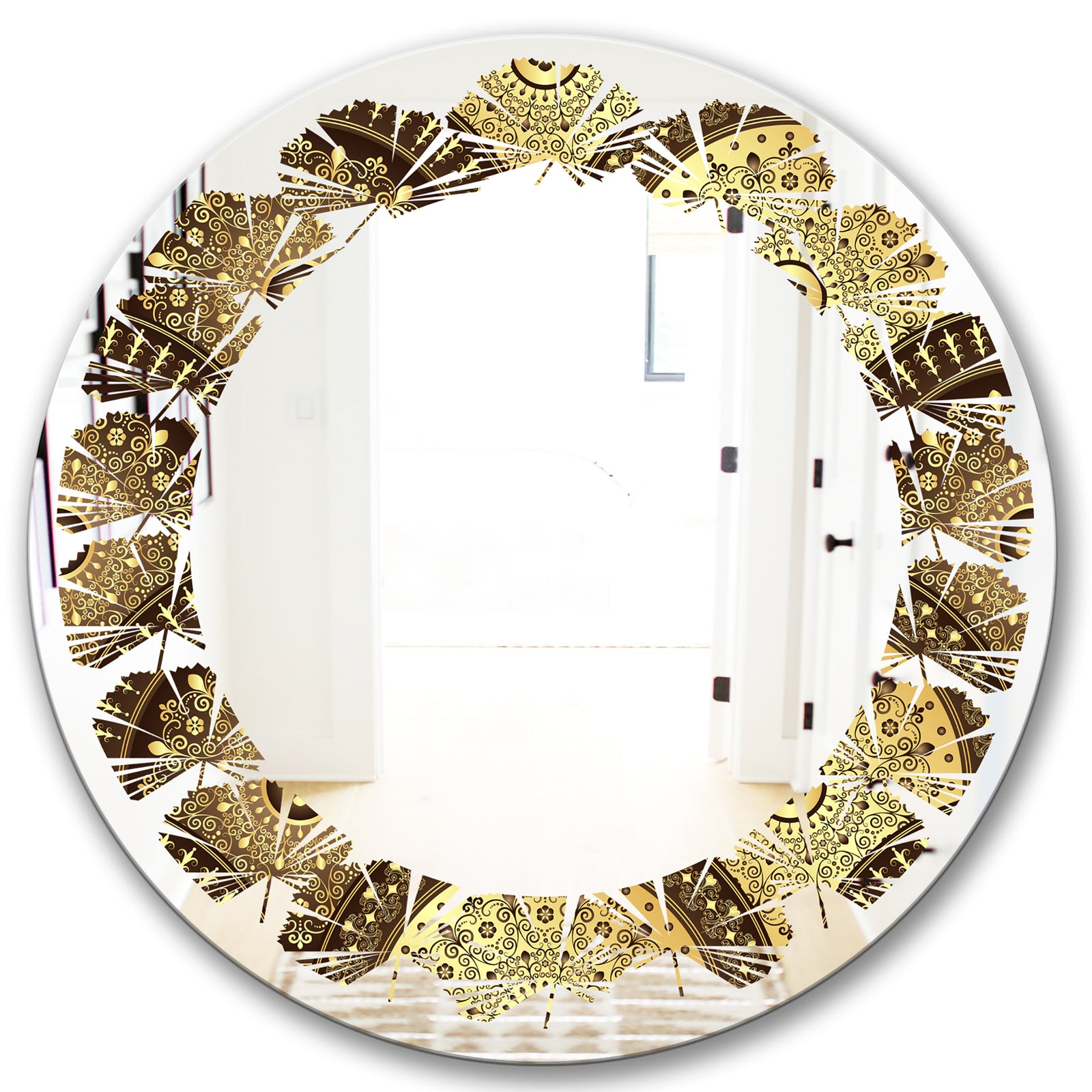 Golden Circular Pattern I - Modern Round or Oval Wall Mirror - Leaves