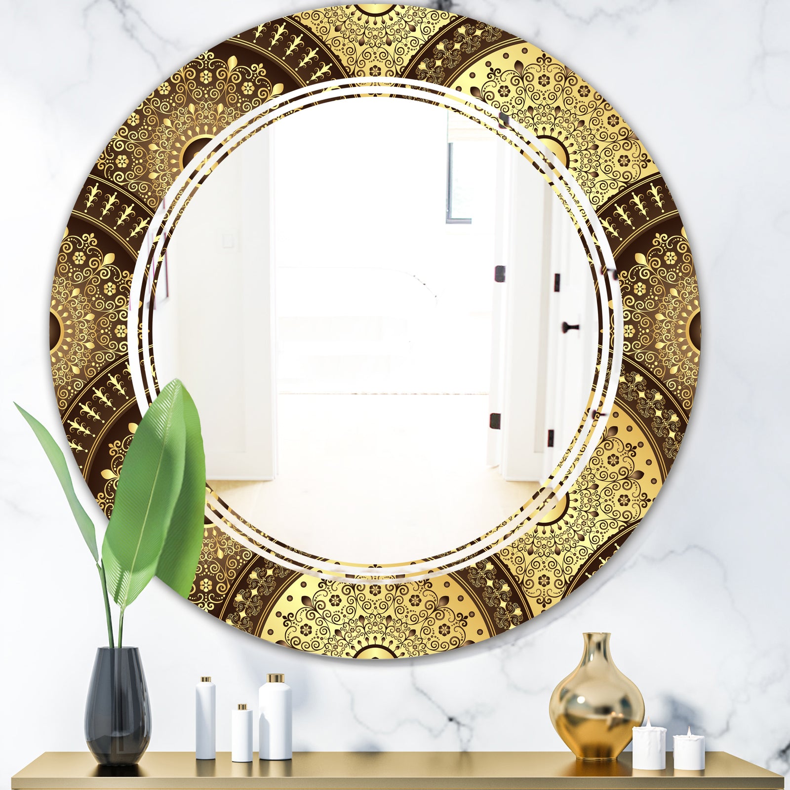 Golden Circular Pattern I - Modern Round or Oval Wall Mirror - Triple C