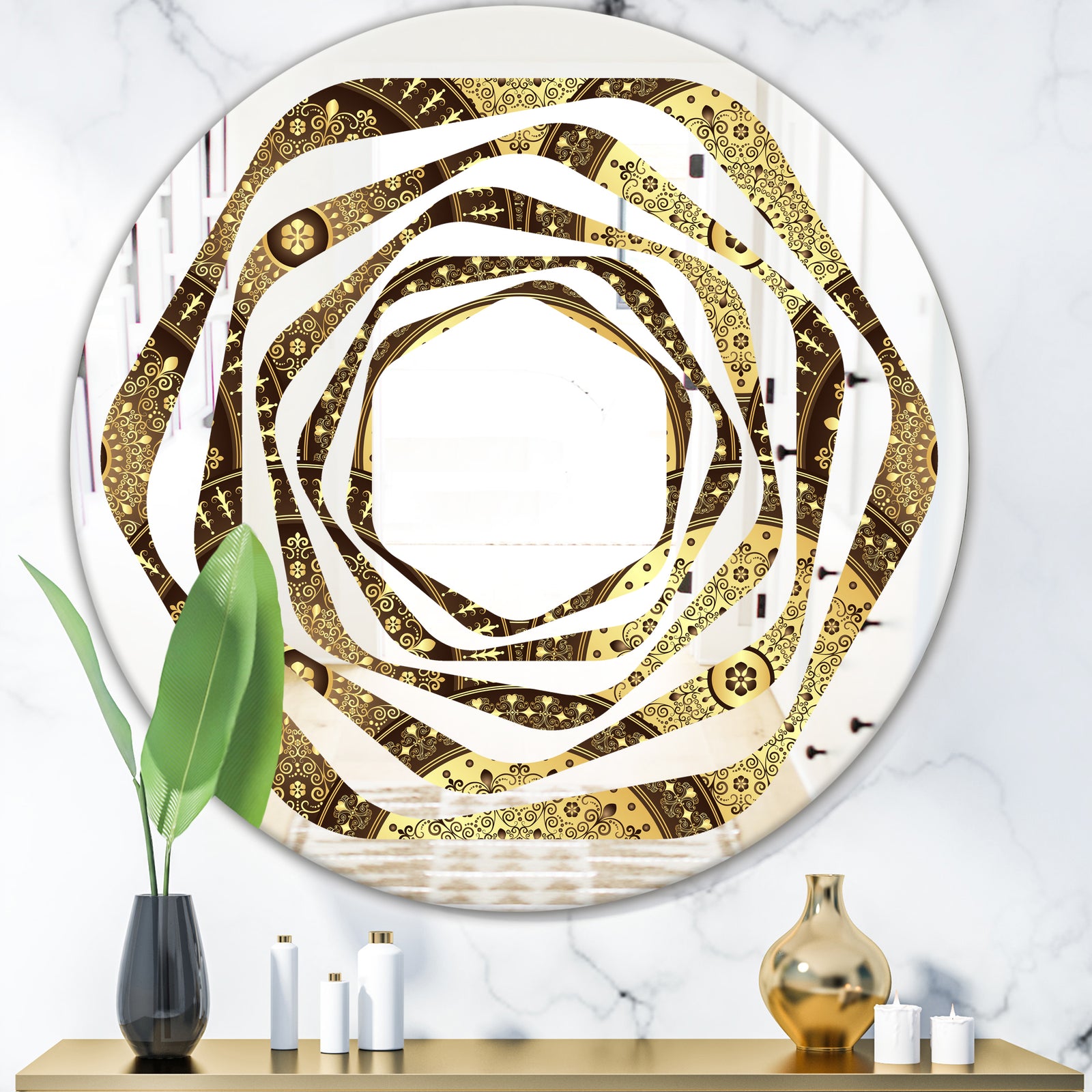 Golden Circular Pattern I - Modern Round or Oval Wall Mirror - Whirl