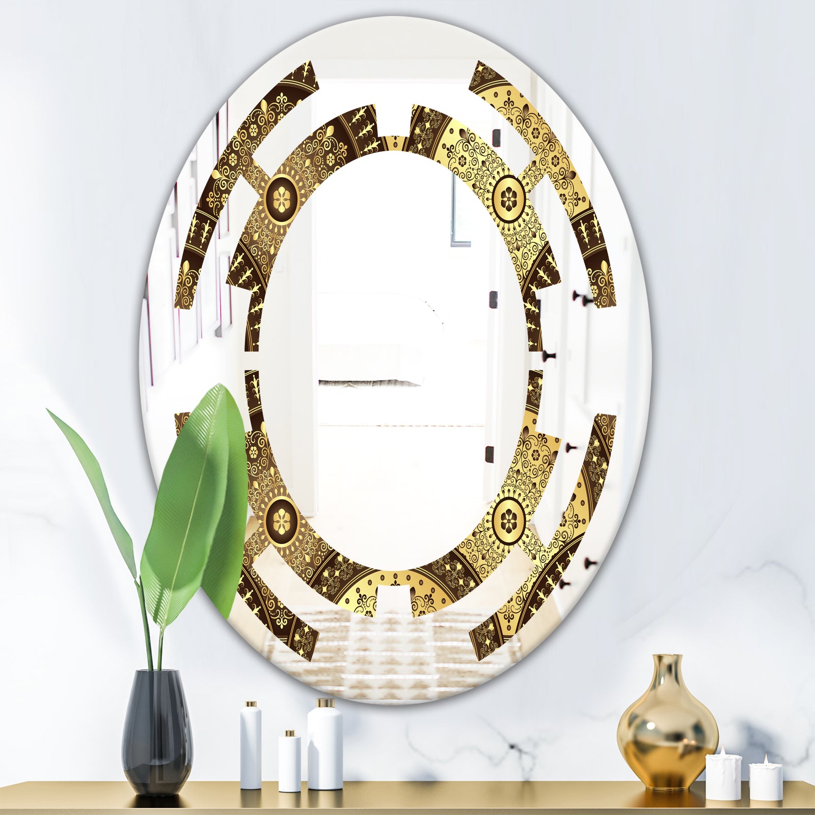 Golden Circular Pattern I - Modern Round or Oval Wall Mirror - Space