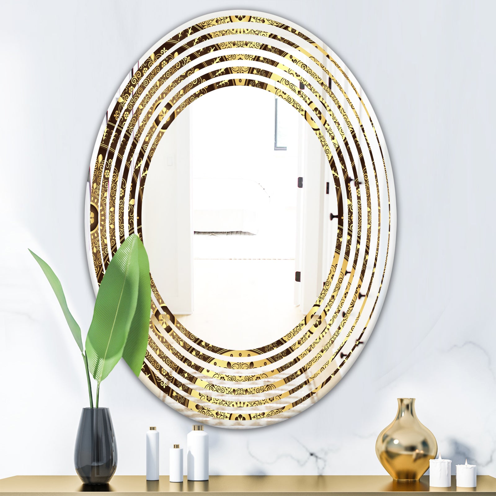 Golden Circular Pattern I - Modern Round or Oval Wall Mirror - Wave