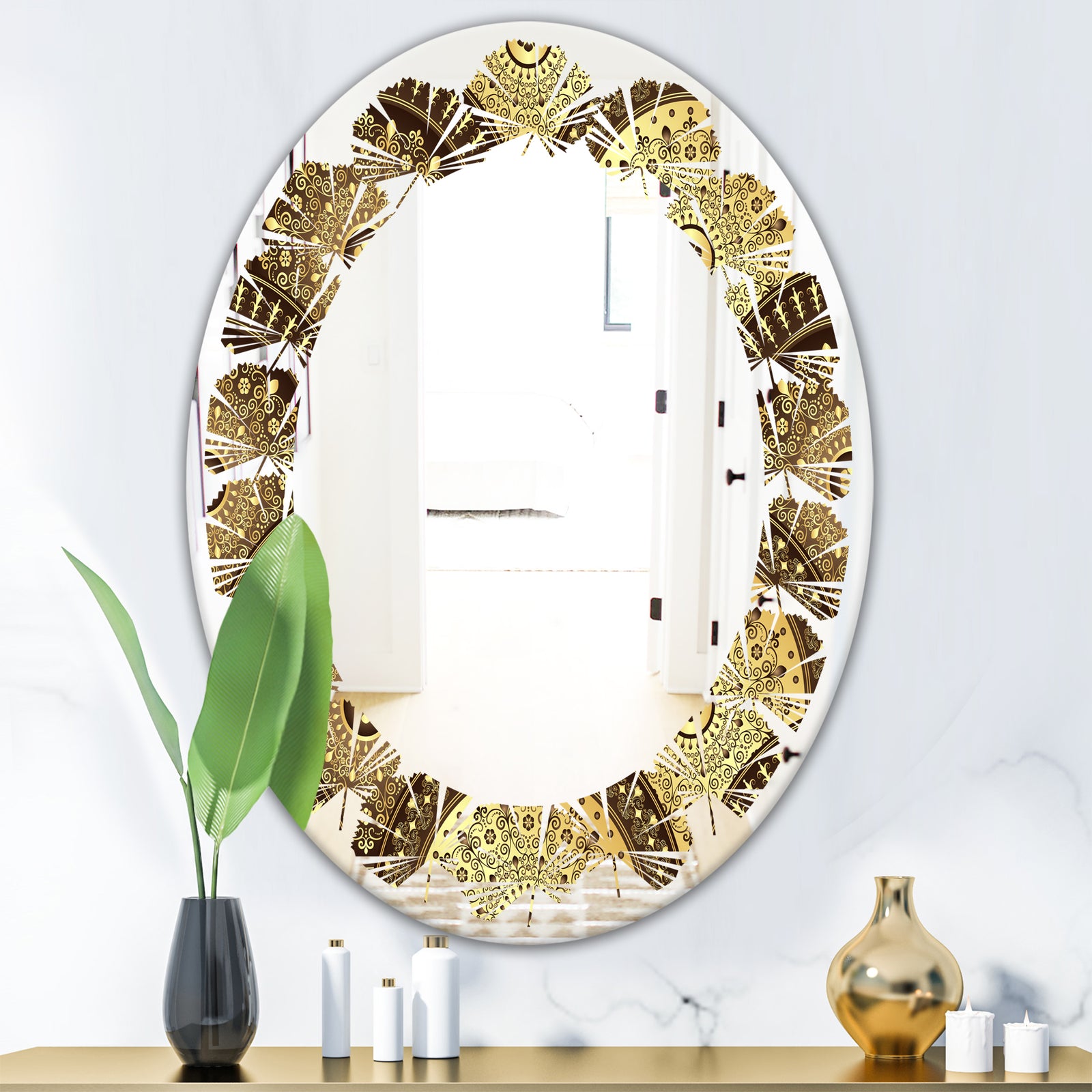 Golden Circular Pattern I - Modern Round or Oval Wall Mirror - Leaves