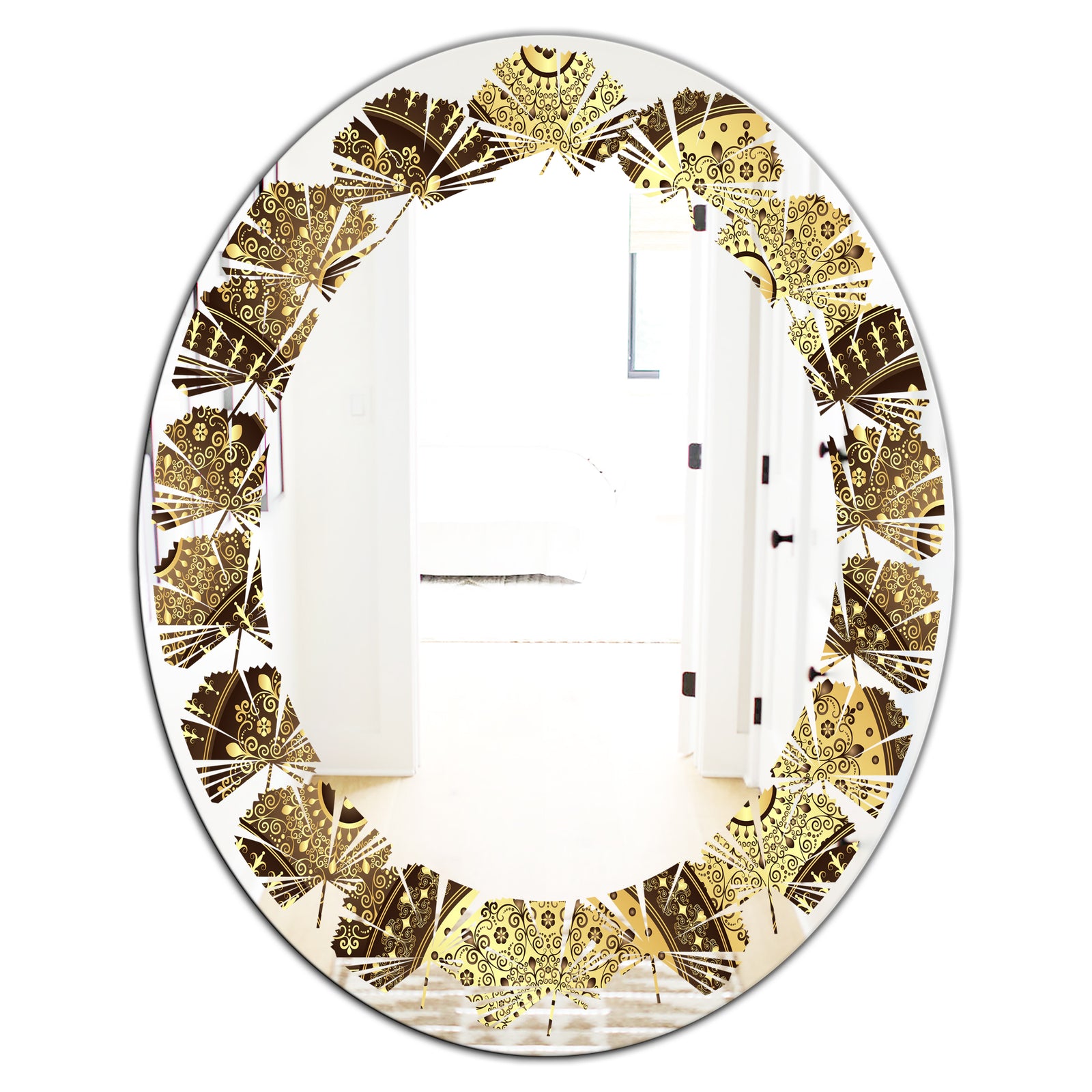 Golden Circular Pattern I - Modern Round or Oval Wall Mirror - Leaves