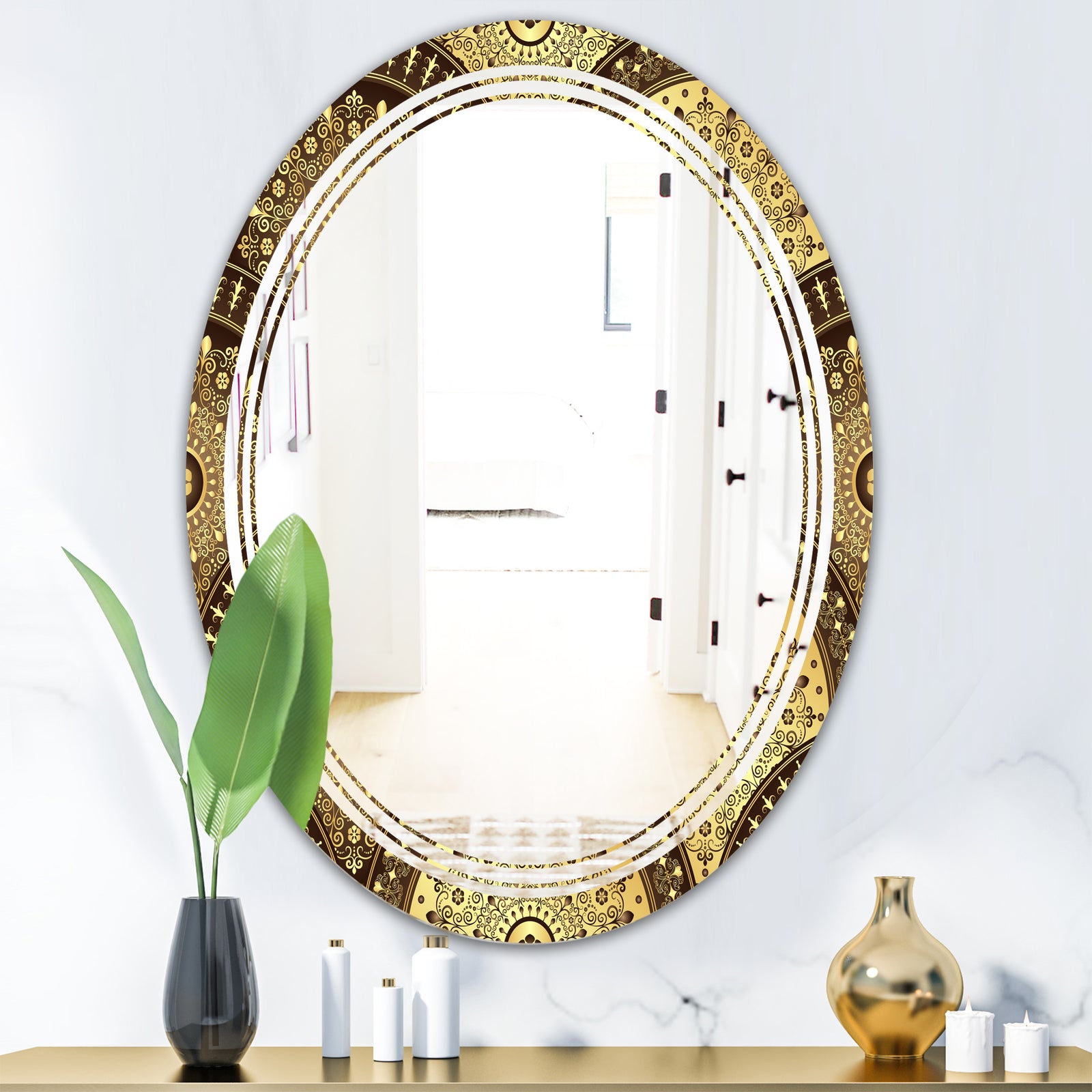 Golden Circular Pattern I - Modern Round or Oval Wall Mirror - Triple C
