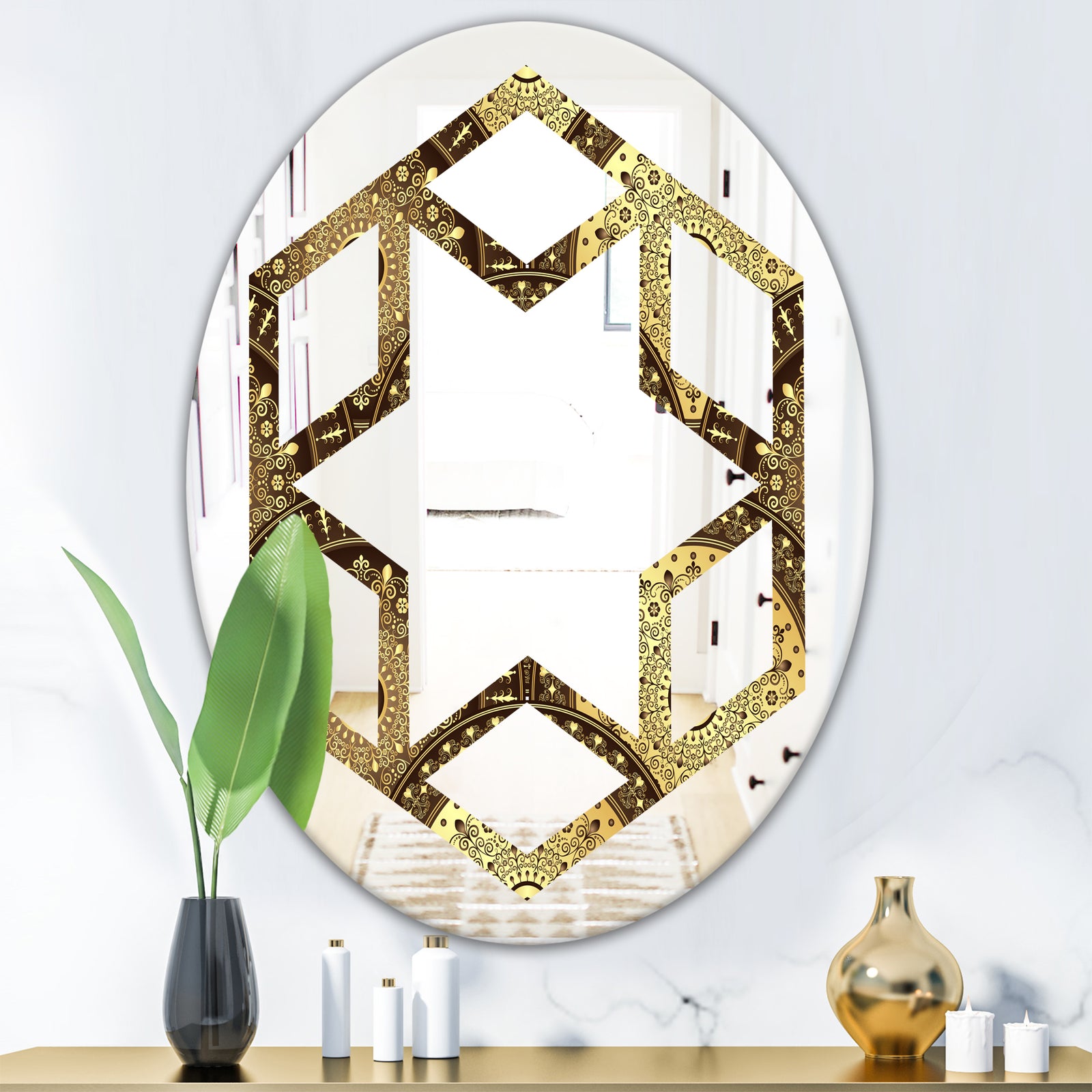 Golden Circular Pattern I - Modern Round or Oval Wall Mirror - Hexagon Star