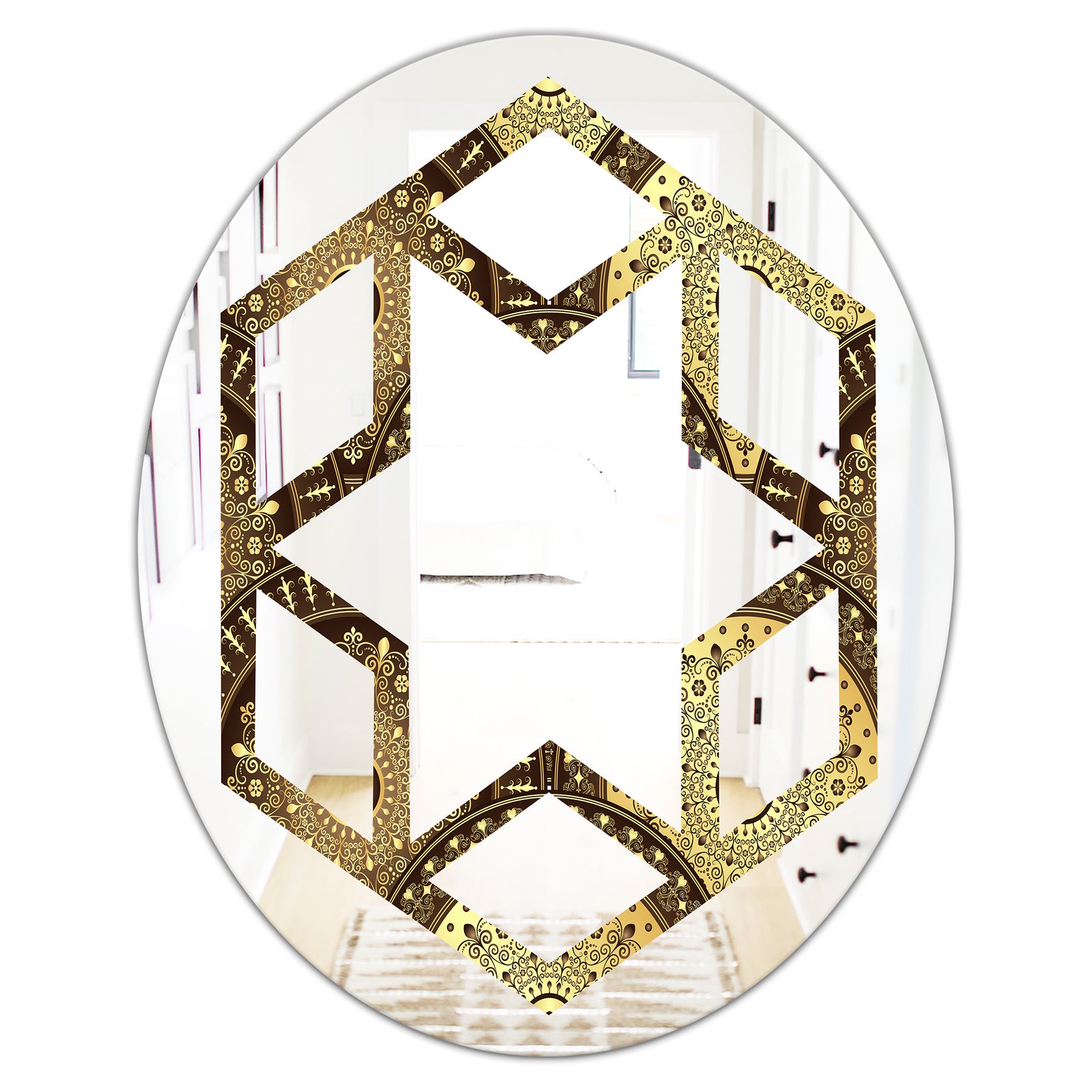 Golden Circular Pattern I - Modern Round or Oval Wall Mirror - Hexagon Star