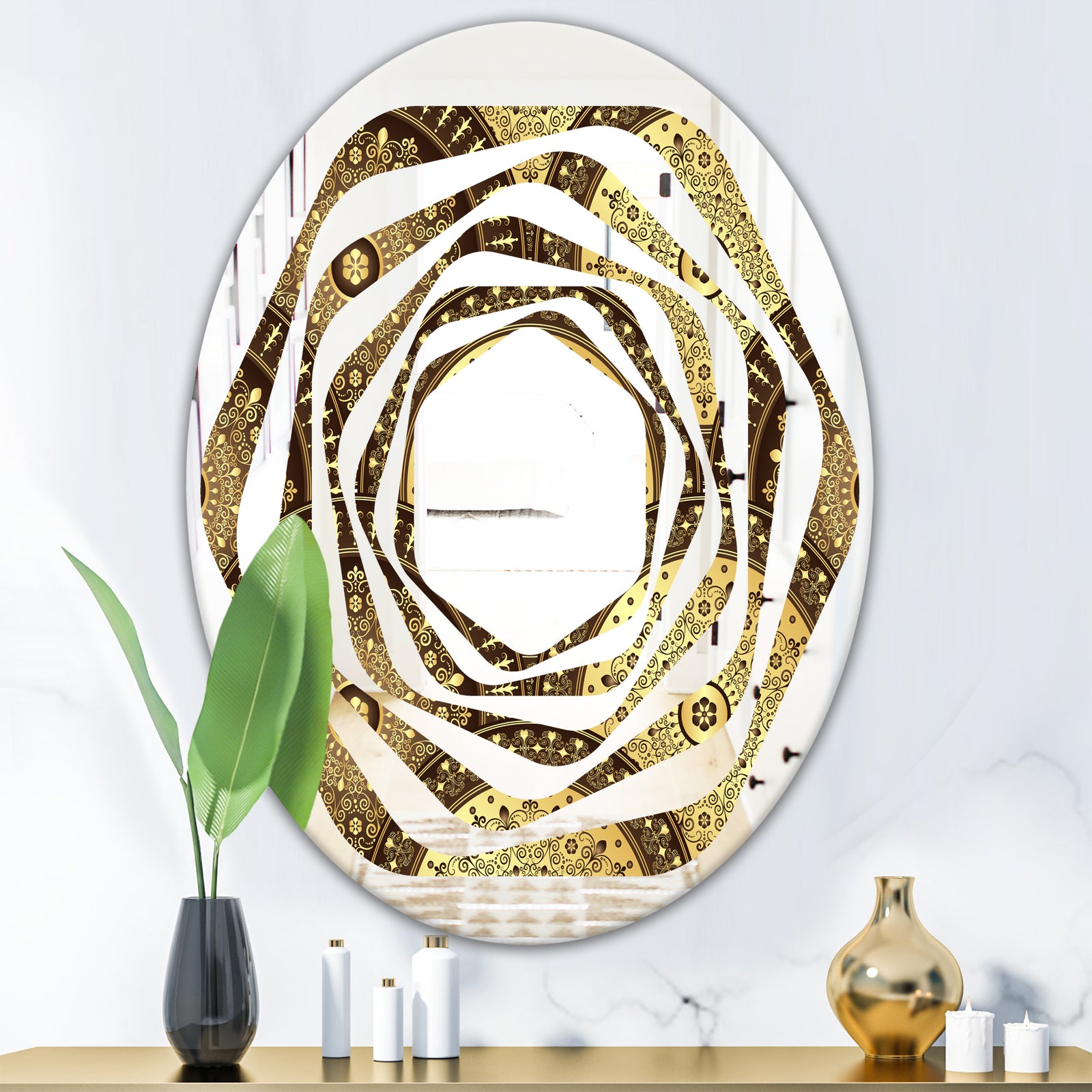 Golden Circular Pattern I - Modern Round or Oval Wall Mirror - Whirl