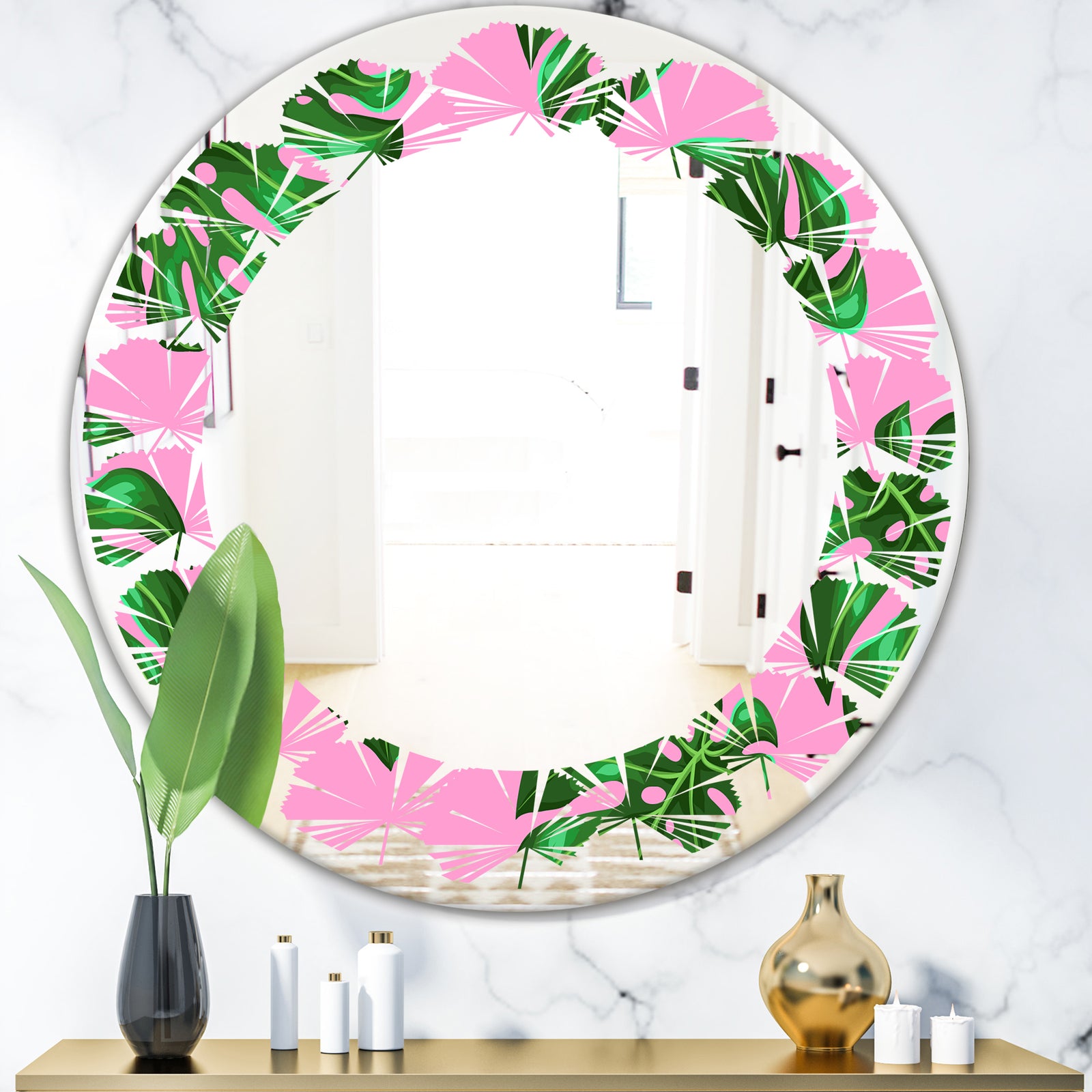 Tropical Palm Leaves III - Modern Round or Oval Wall Mirror - Leaves