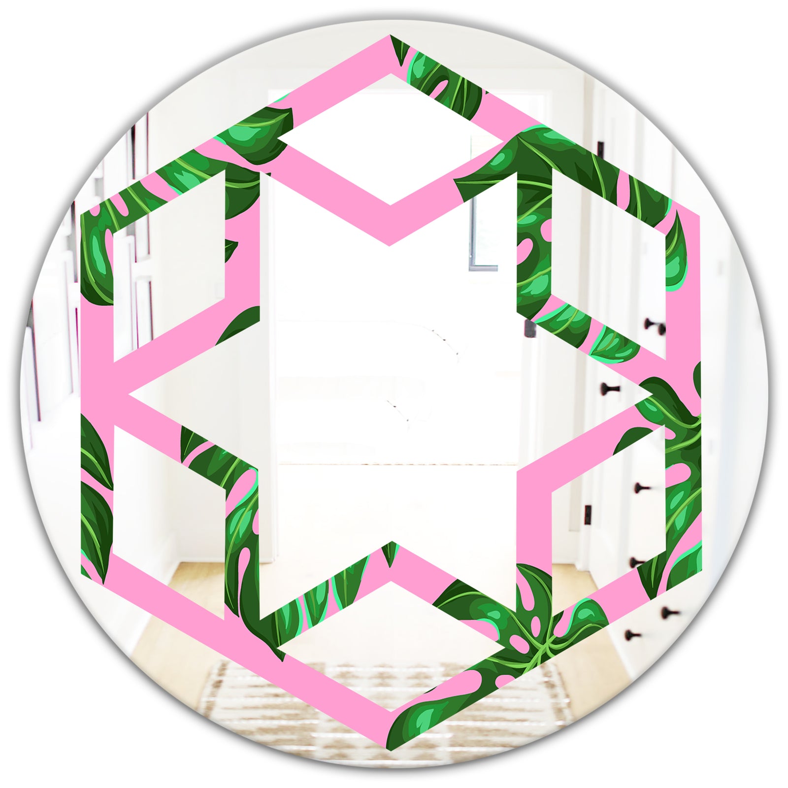 Tropical Palm Leaves III - Modern Round or Oval Wall Mirror - Hexagon Star