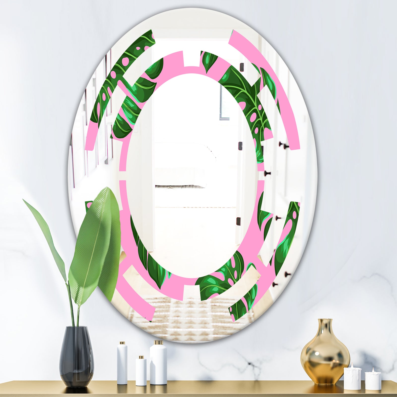 Tropical Palm Leaves III - Modern Round or Oval Wall Mirror - Space