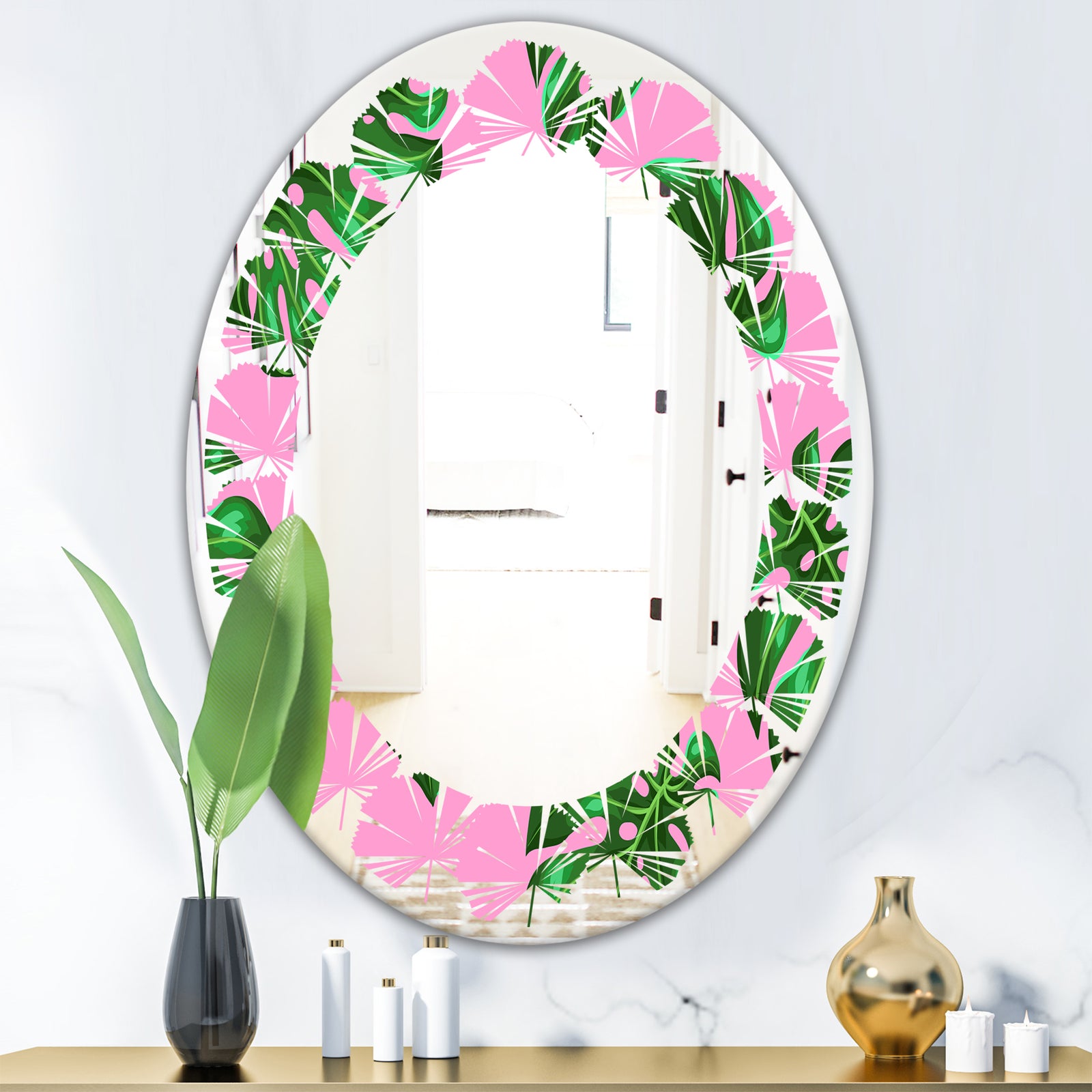 Tropical Palm Leaves III - Modern Round or Oval Wall Mirror - Leaves