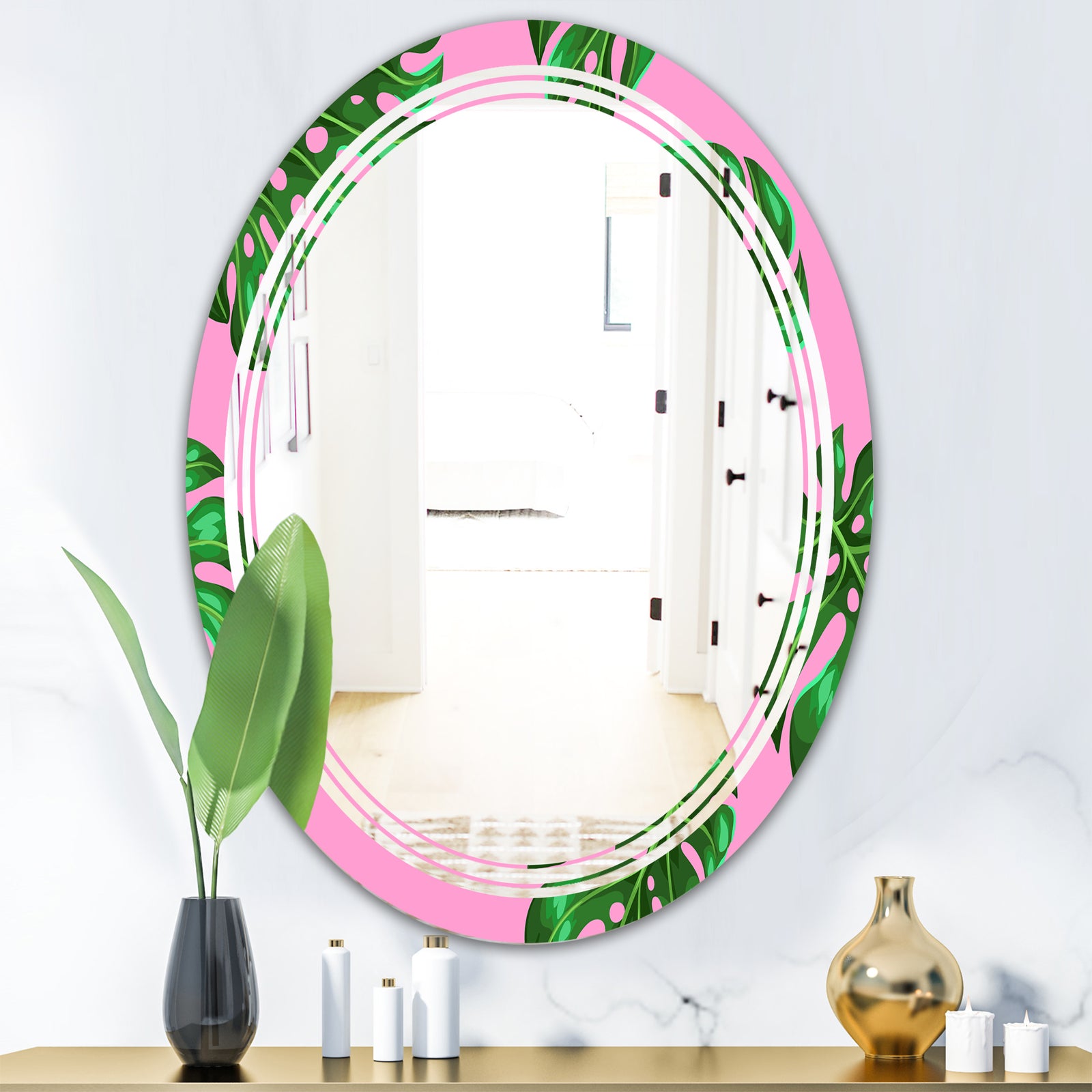 Tropical Palm Leaves III - Modern Round or Oval Wall Mirror - Triple C