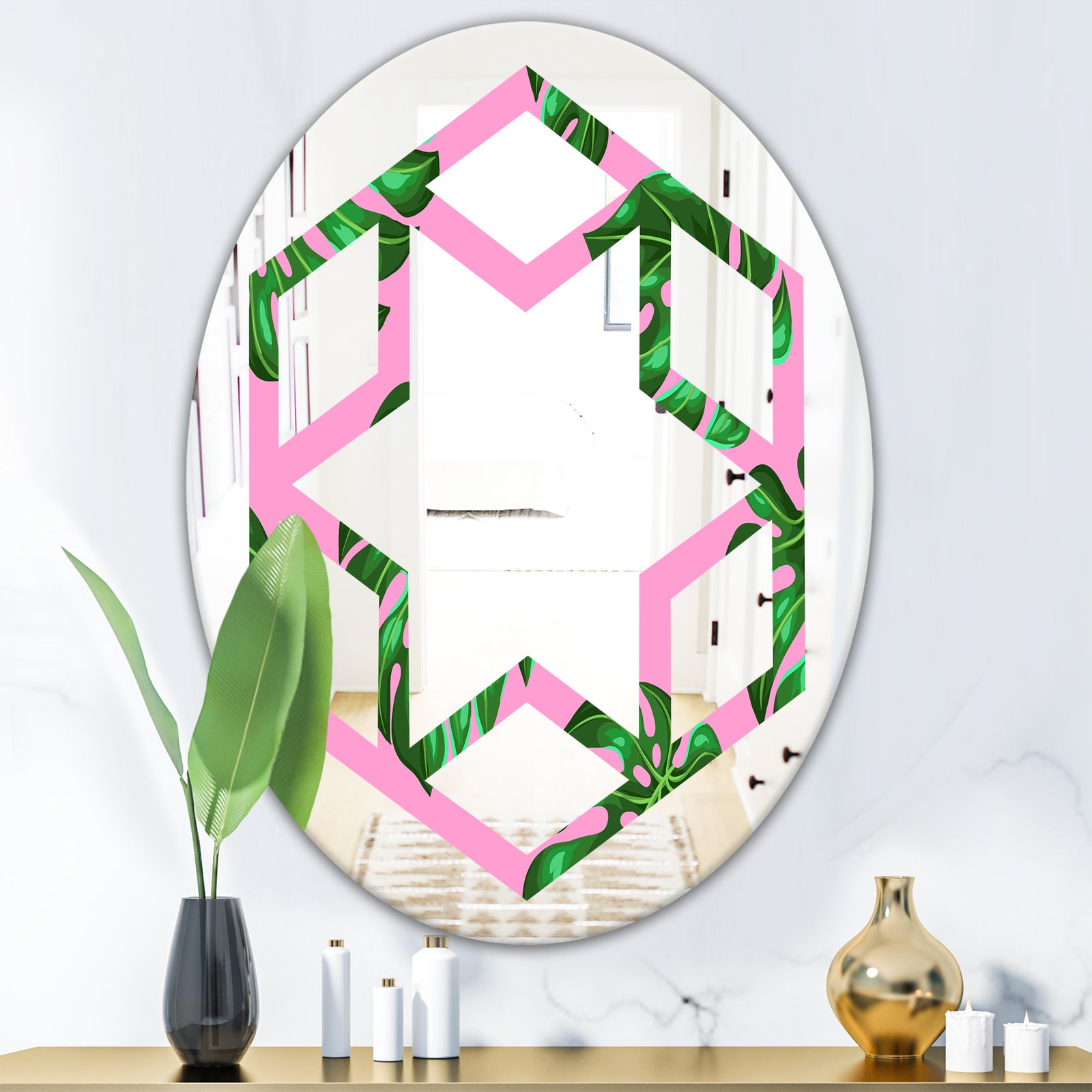 Tropical Palm Leaves III - Modern Round or Oval Wall Mirror - Hexagon Star