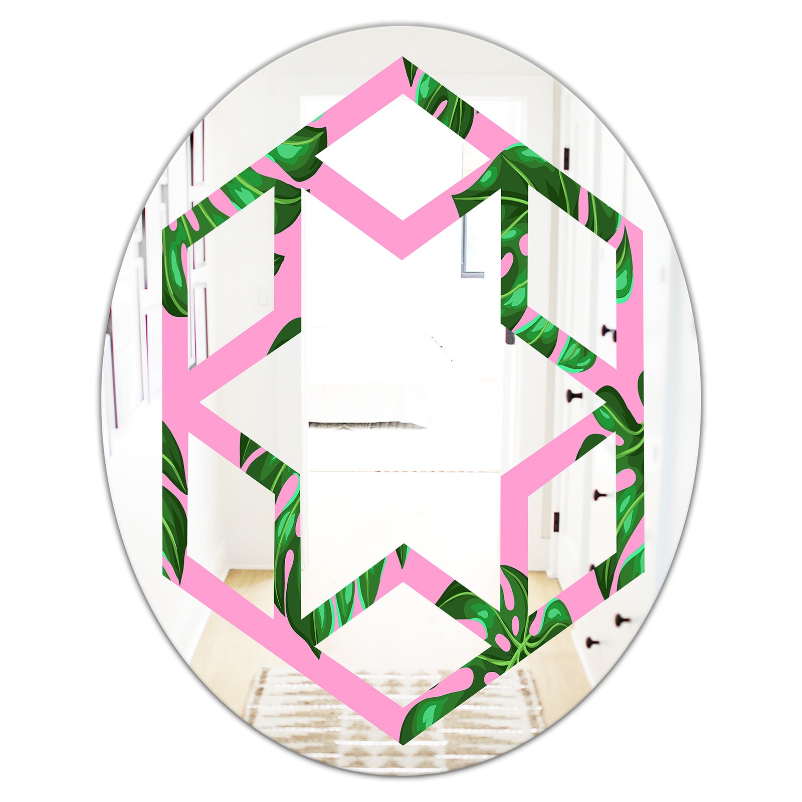 Tropical Palm Leaves III - Modern Round or Oval Wall Mirror - Hexagon Star