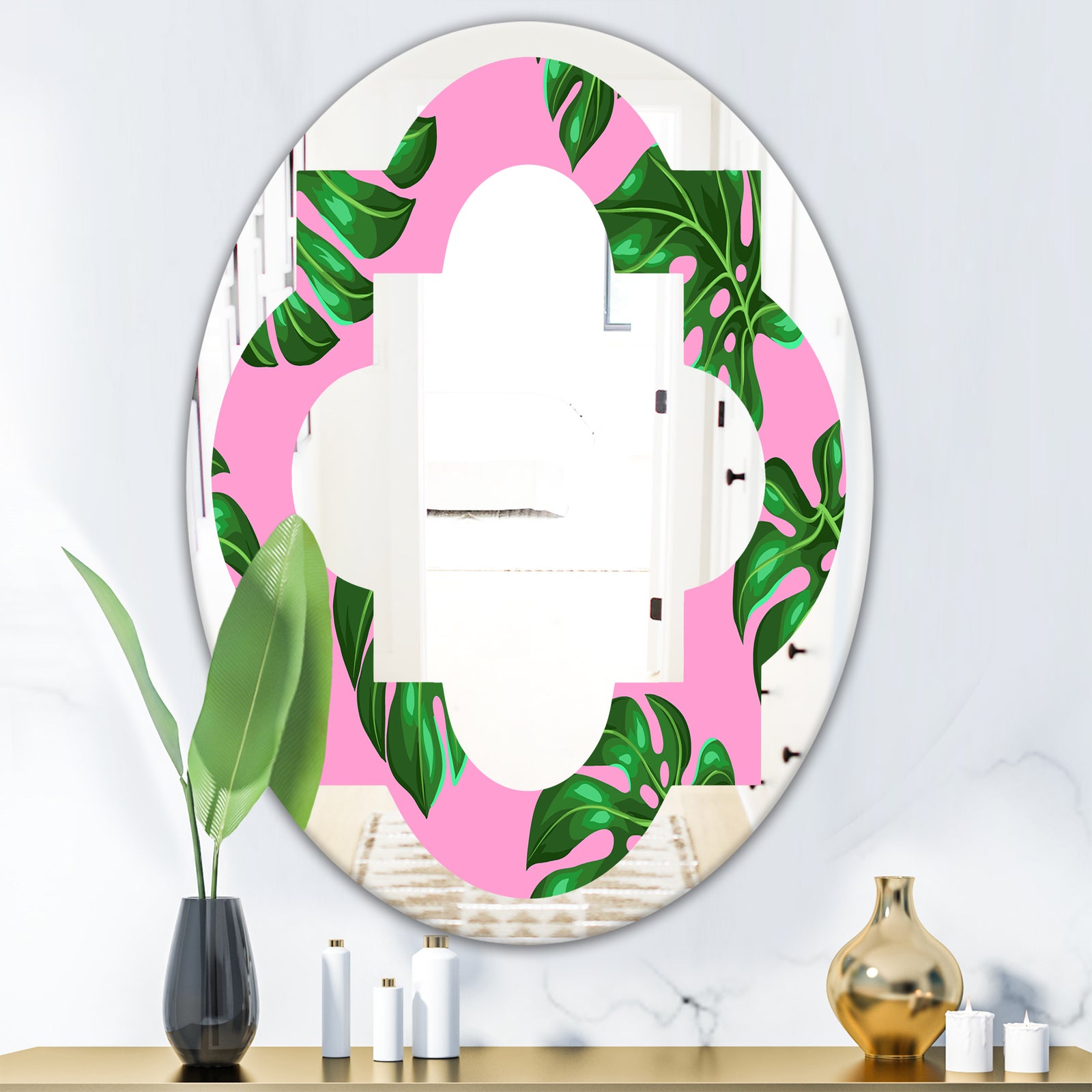 Tropical Palm Leaves III - Modern Round or Oval Wall Mirror - Quatrefoil