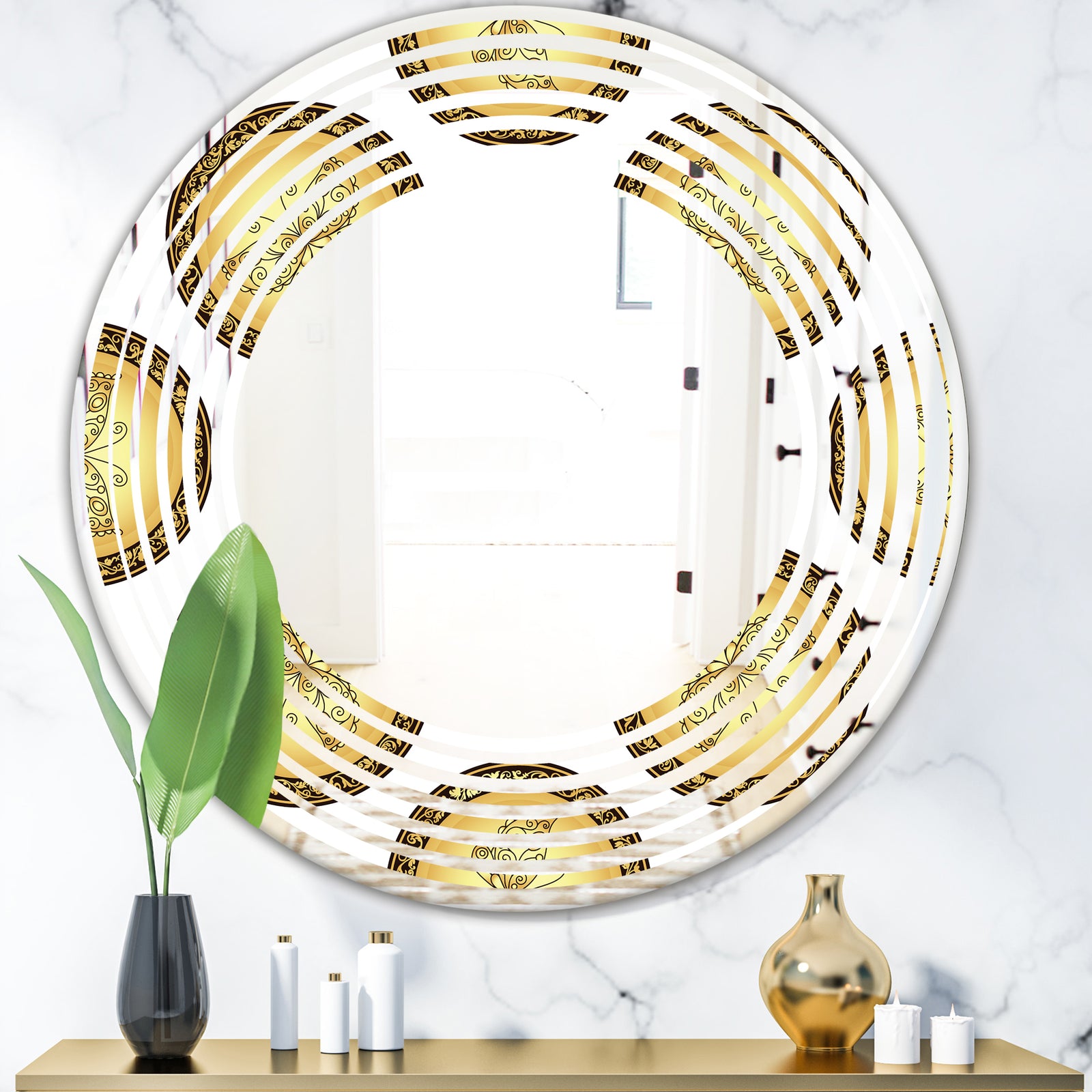 Gold and browne pattern with gradient vintage circles - Modern Round or Oval Wall Mirror - Wave