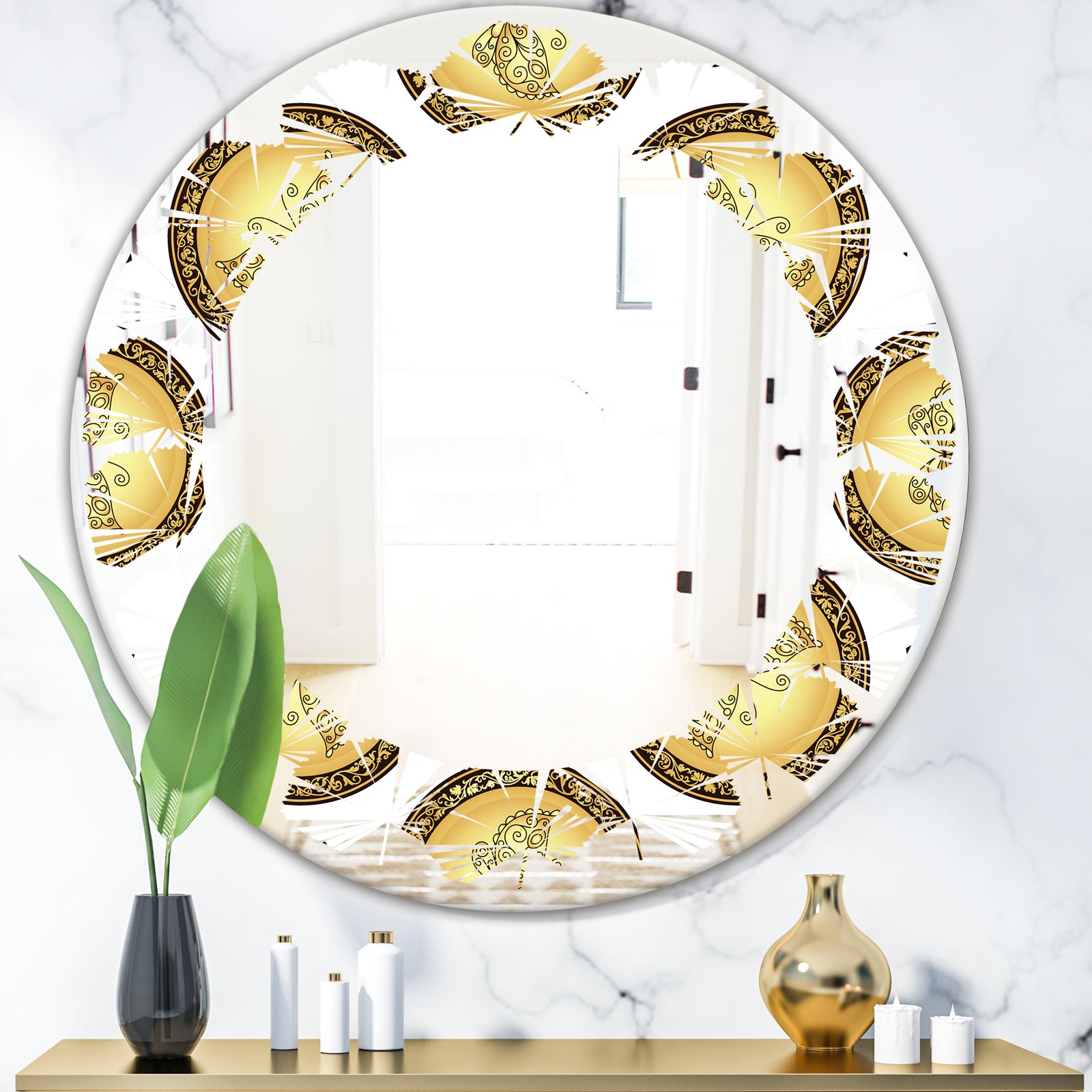 Gold and browne pattern with gradient vintage circles - Modern Round or Oval Wall Mirror - Leaves