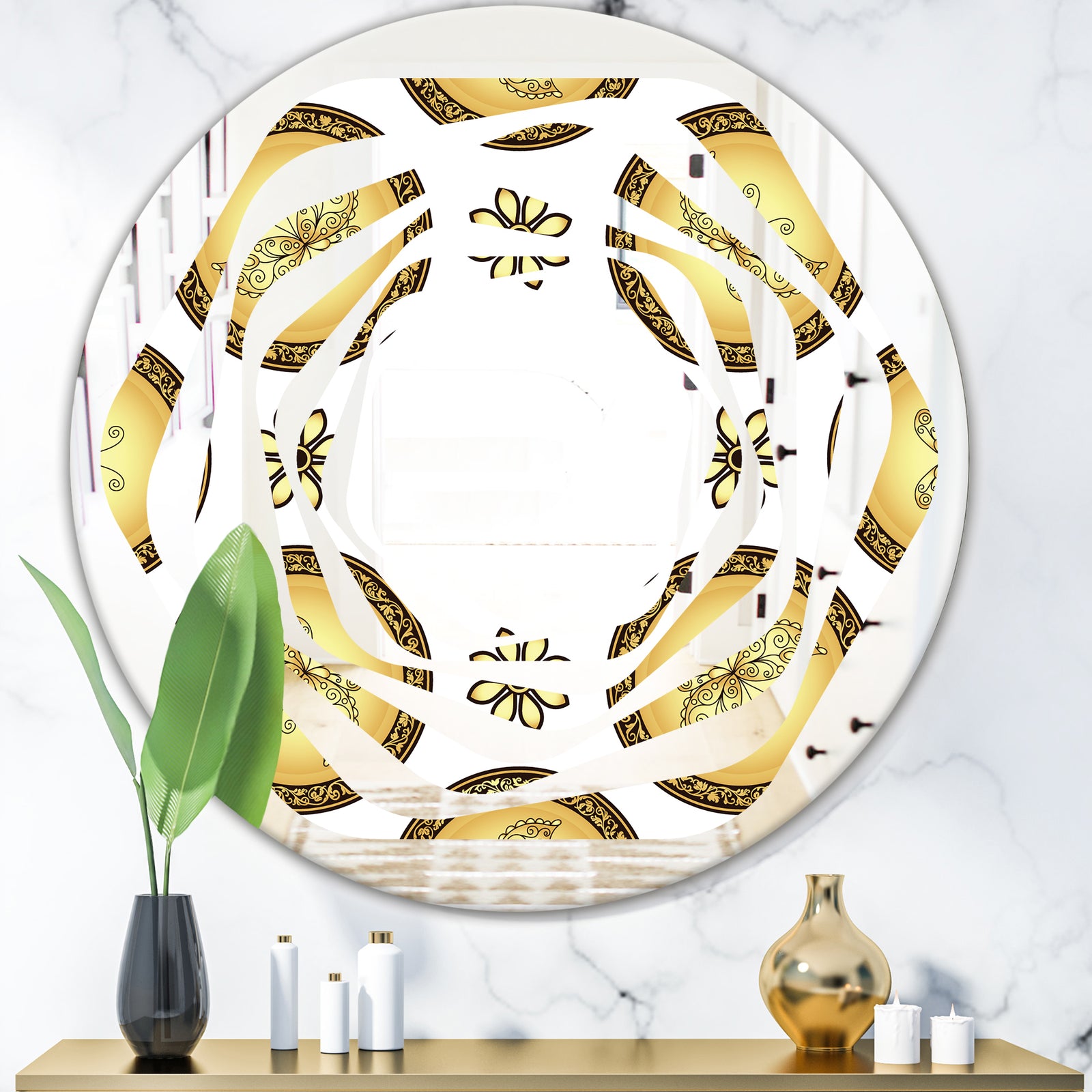 Gold and browne pattern with gradient vintage circles - Modern Round or Oval Wall Mirror - Whirl