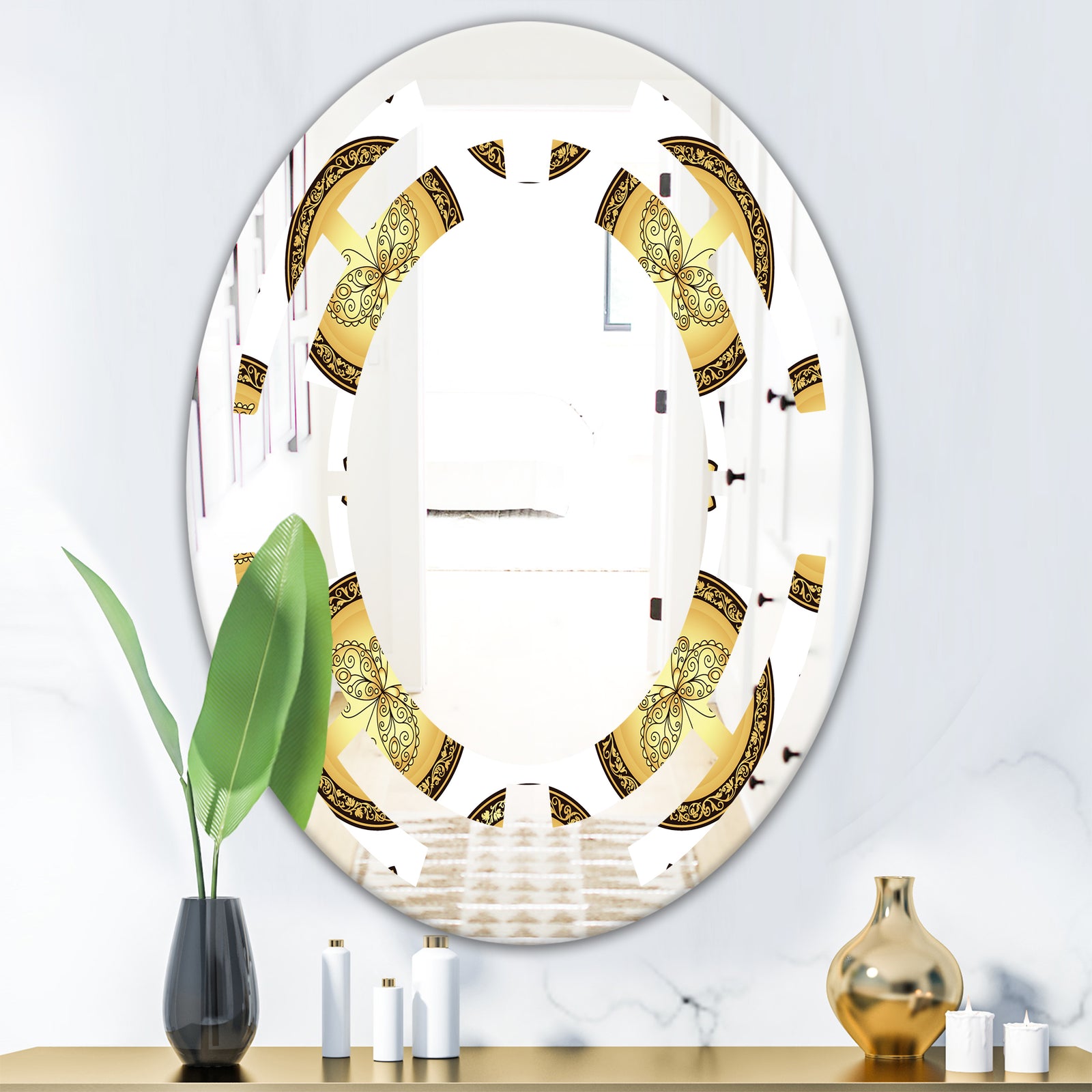 Gold and browne pattern with gradient vintage circles - Modern Round or Oval Wall Mirror - Space
