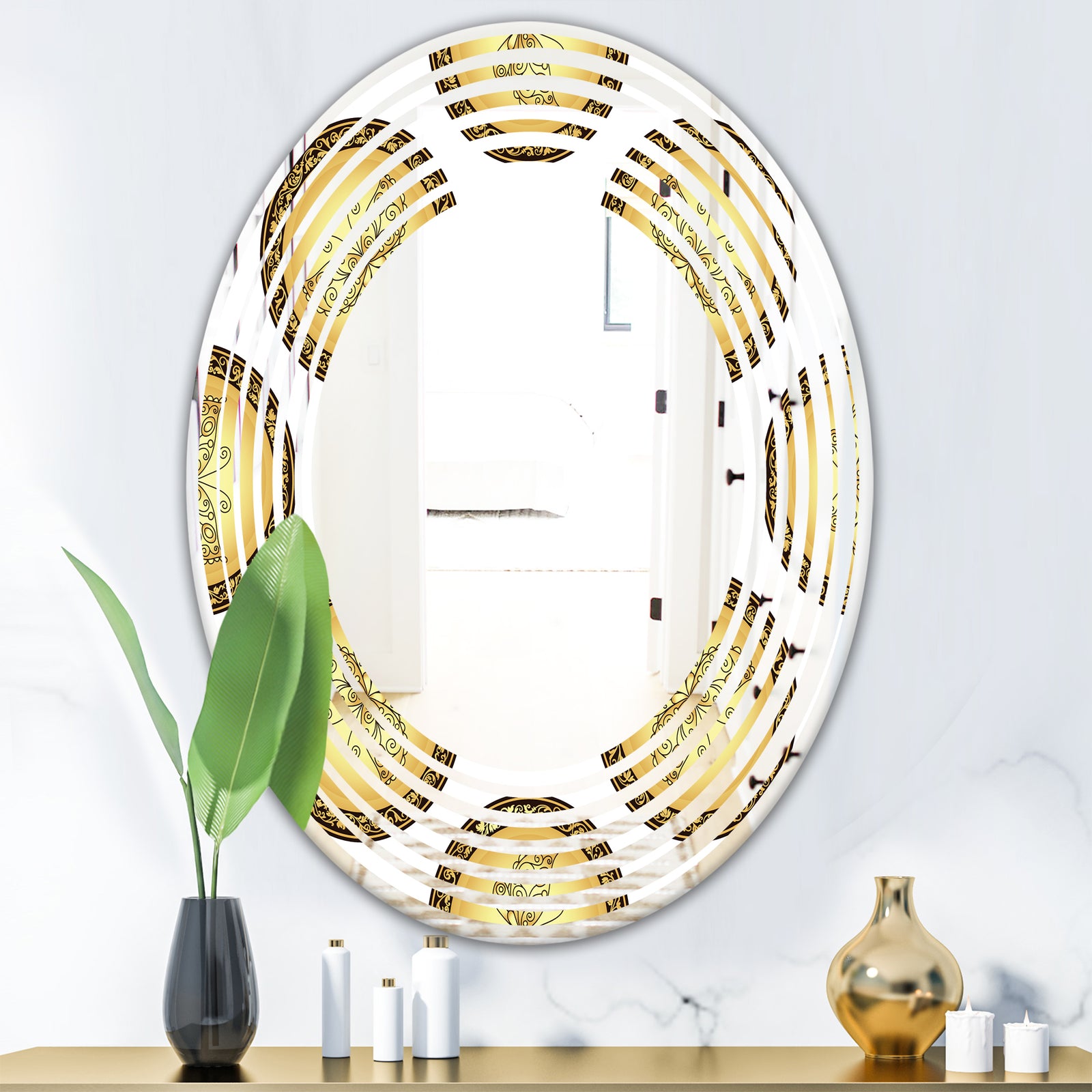 Gold and browne pattern with gradient vintage circles - Modern Round or Oval Wall Mirror - Wave