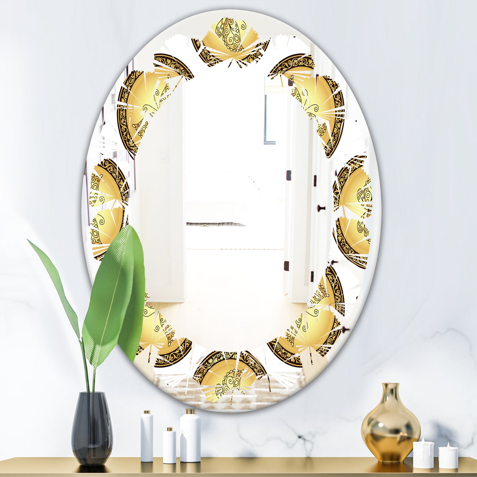 Gold and browne pattern with gradient vintage circles - Modern Round or Oval Wall Mirror - Leaves