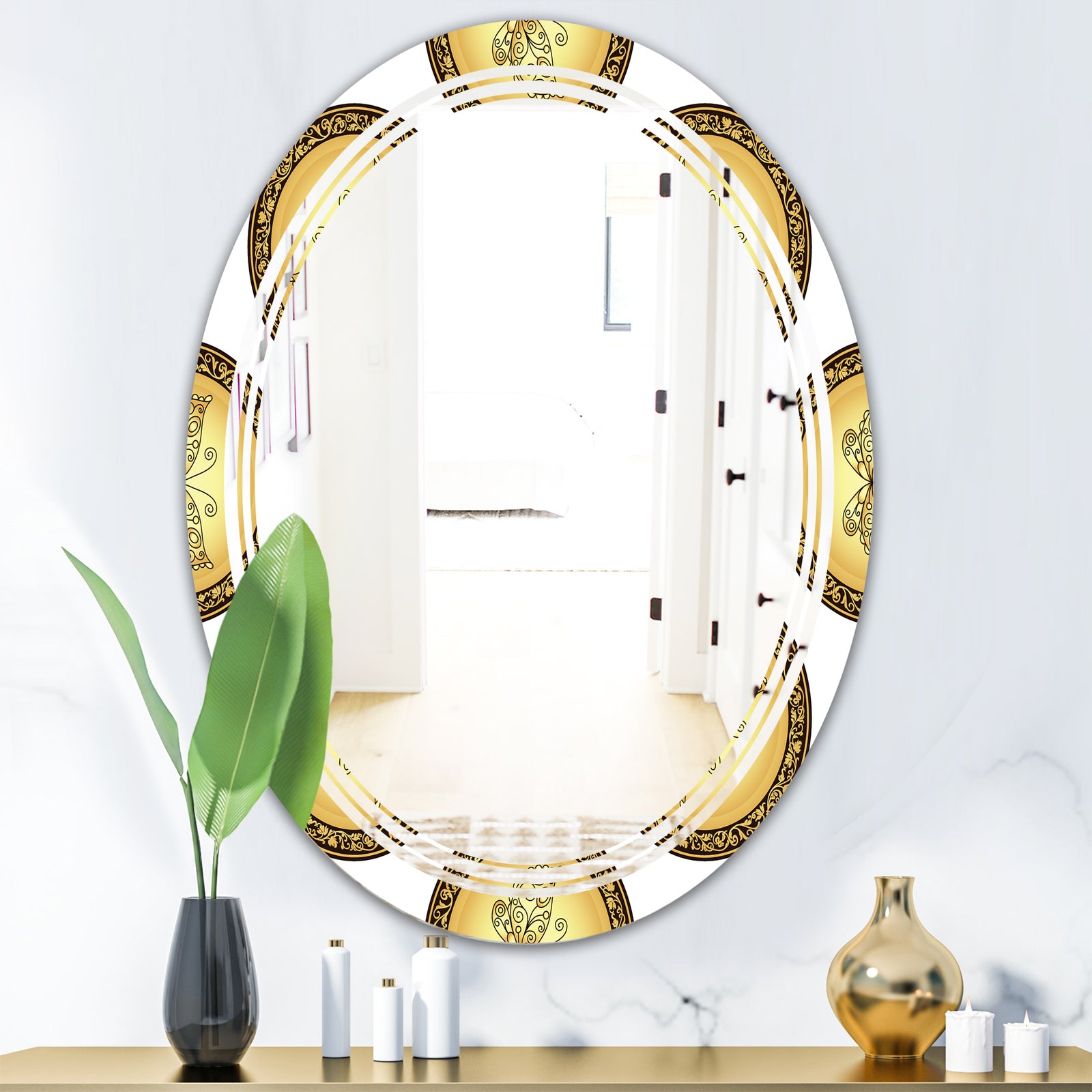 Gold and browne pattern with gradient vintage circles - Modern Round or Oval Wall Mirror - Triple C