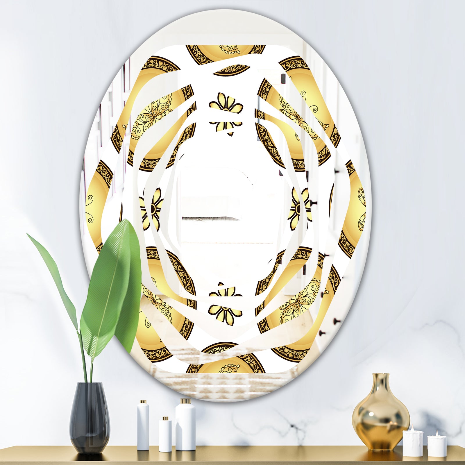 Gold and browne pattern with gradient vintage circles - Modern Round or Oval Wall Mirror - Whirl