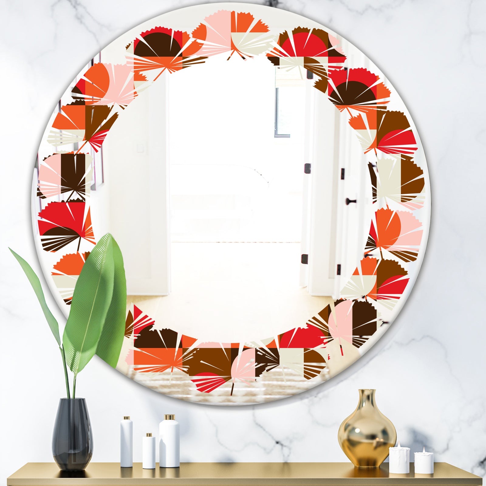 Retro Geometric Design II - Modern Round or Oval Wall Mirror - Leaves