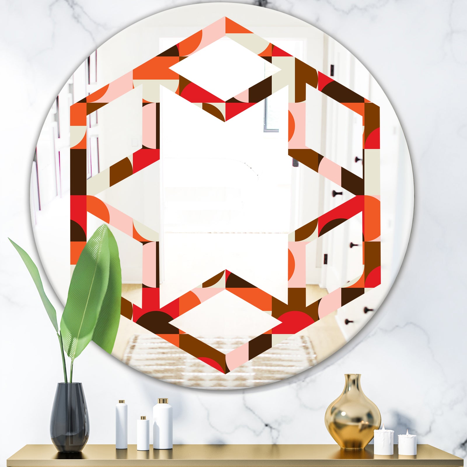 Retro Geometric Design II - Modern Round or Oval Wall Mirror - Hexagon Star