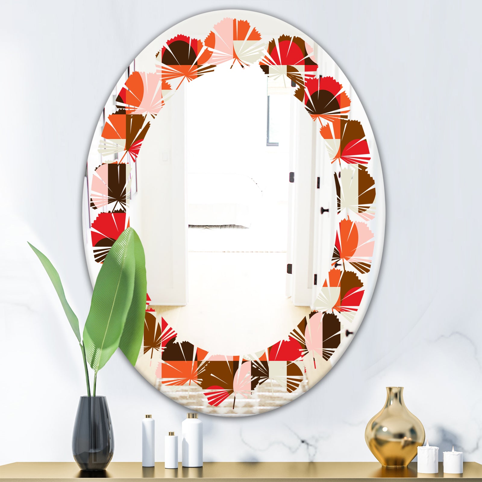 Retro Geometric Design II - Modern Round or Oval Wall Mirror - Leaves