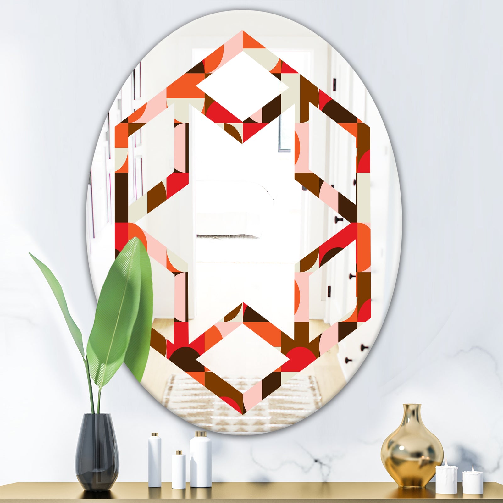 Retro Geometric Design II - Modern Round or Oval Wall Mirror - Hexagon Star