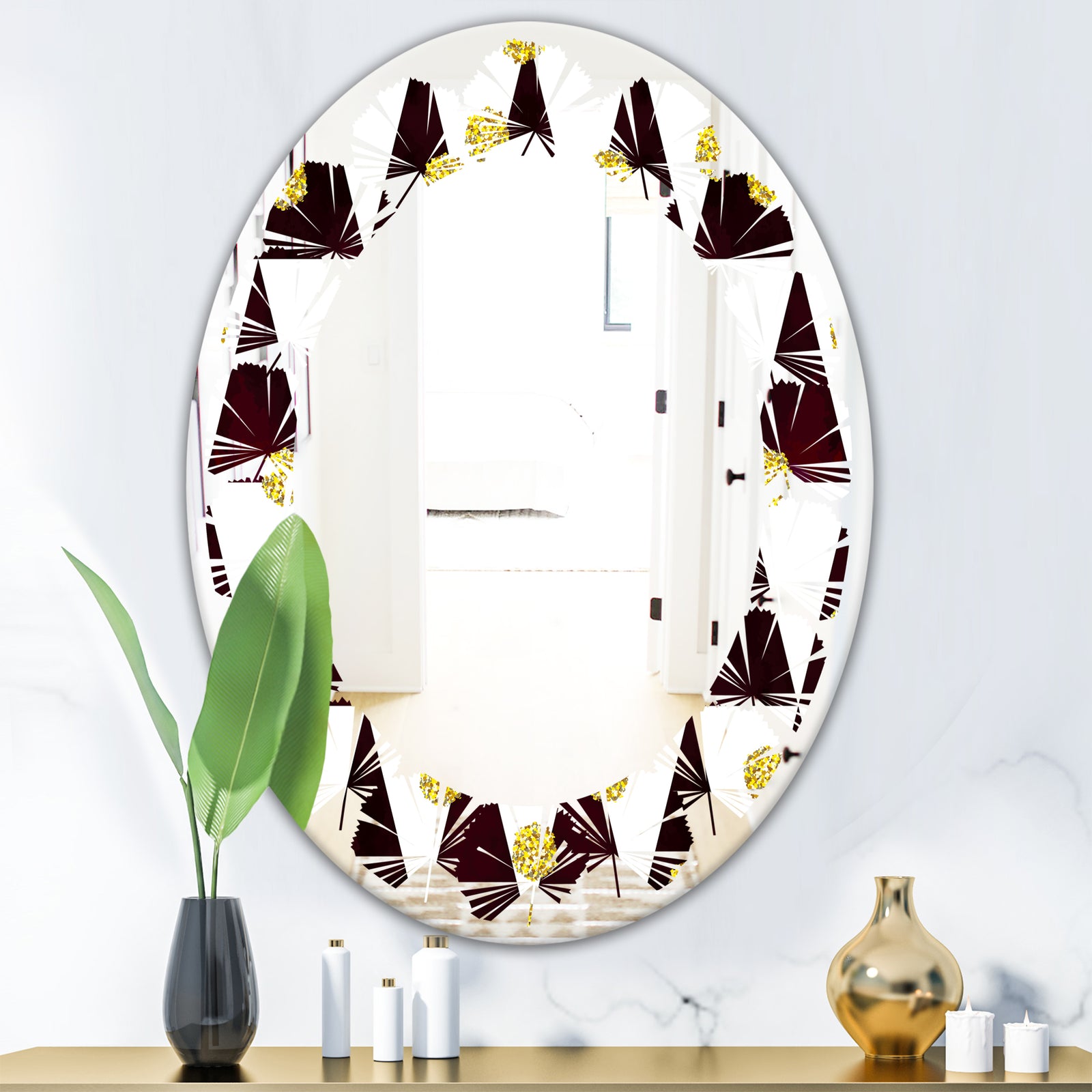 Gold Polka Dot Pattern II - Modern Round or Oval Wall Mirror - Leaves