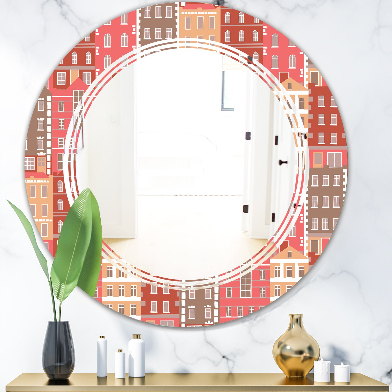 Handdrawn Colorful Houses - Modern Round or Oval Wall Mirror - Triple C