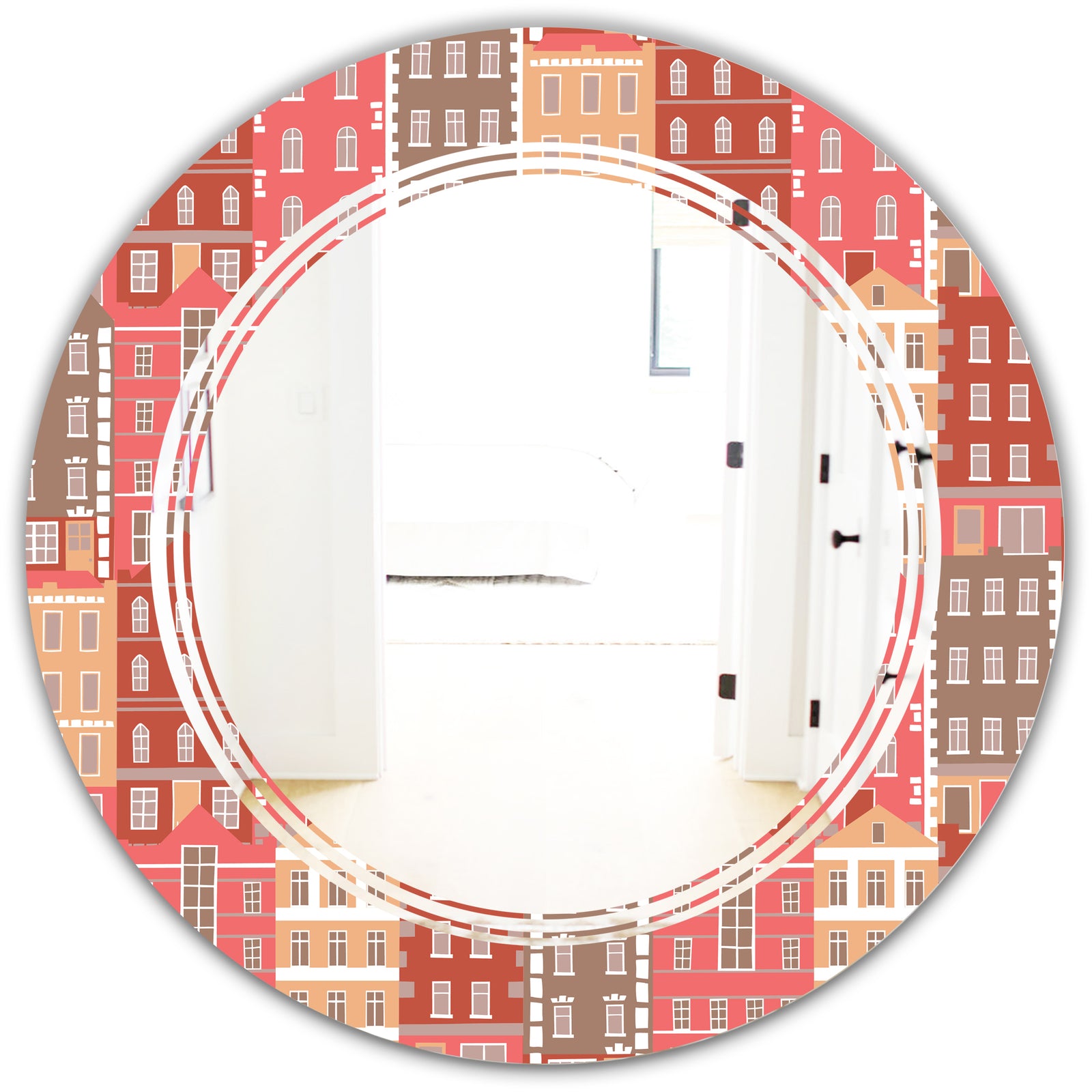 Handdrawn Colorful Houses - Modern Round or Oval Wall Mirror - Triple C
