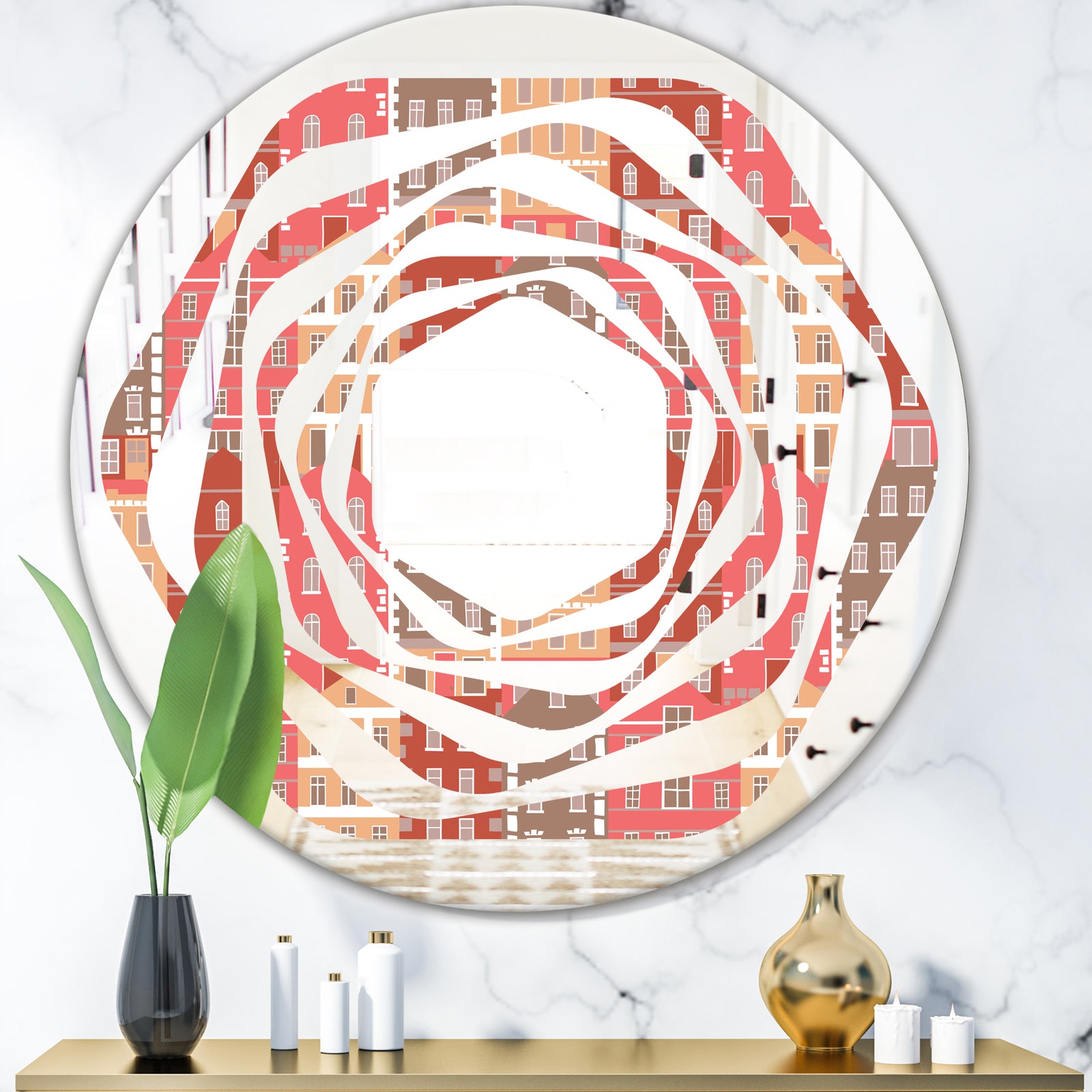 Handdrawn Colorful Houses - Modern Round or Oval Wall Mirror - Whirl