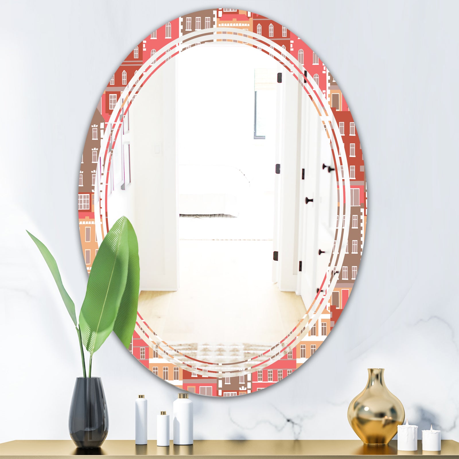 Handdrawn Colorful Houses - Modern Round or Oval Wall Mirror - Triple C