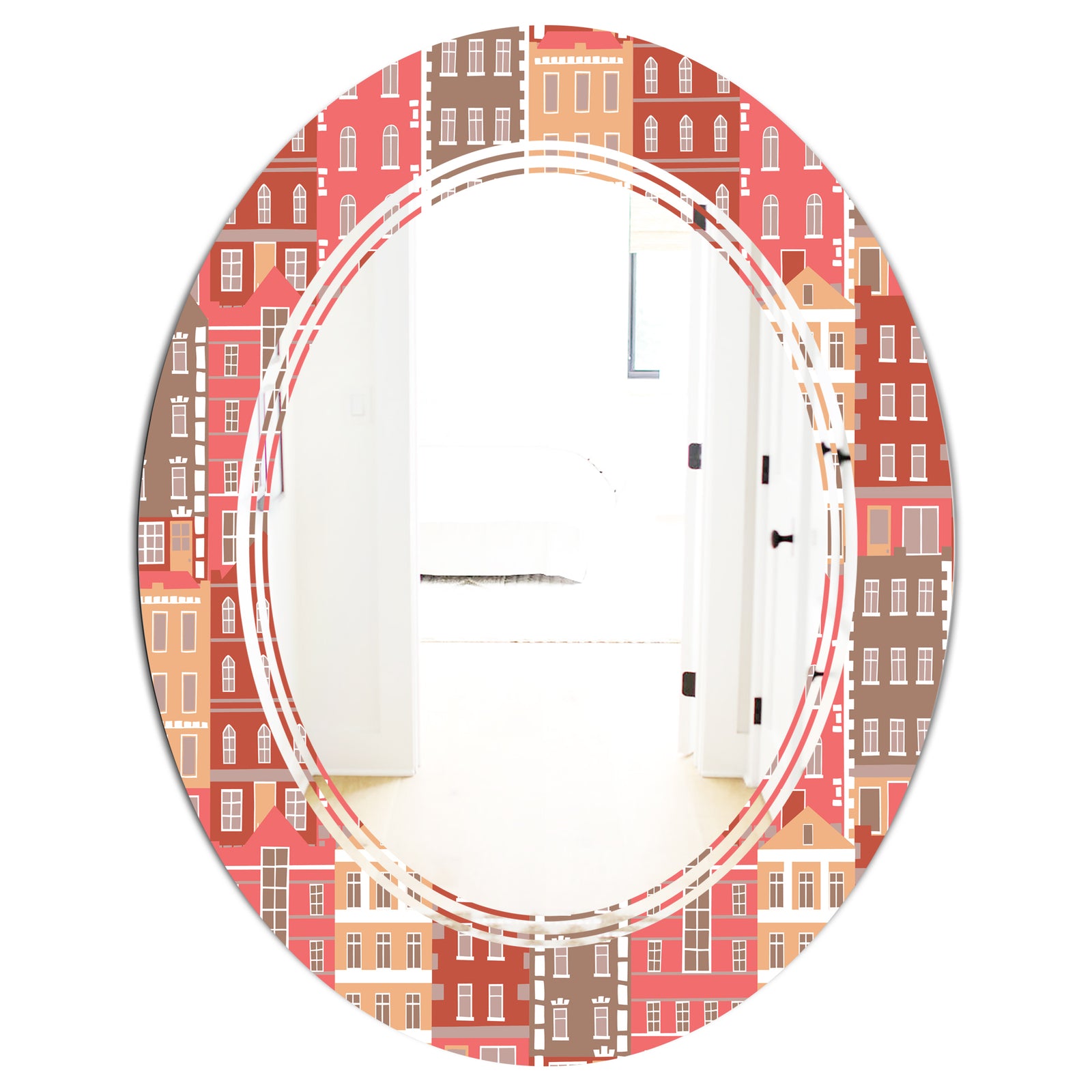Handdrawn Colorful Houses - Modern Round or Oval Wall Mirror - Triple C
