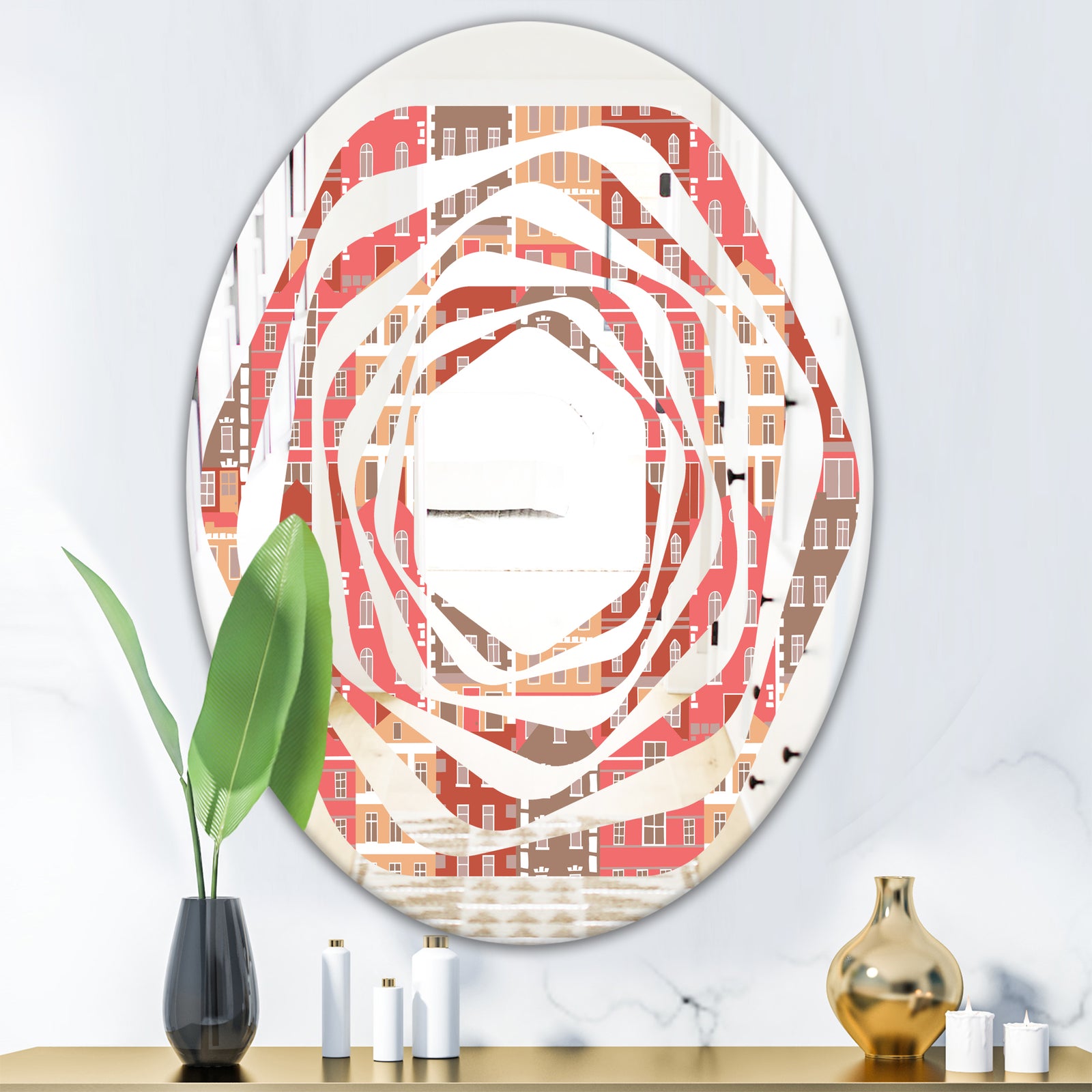 Handdrawn Colorful Houses - Modern Round or Oval Wall Mirror - Whirl