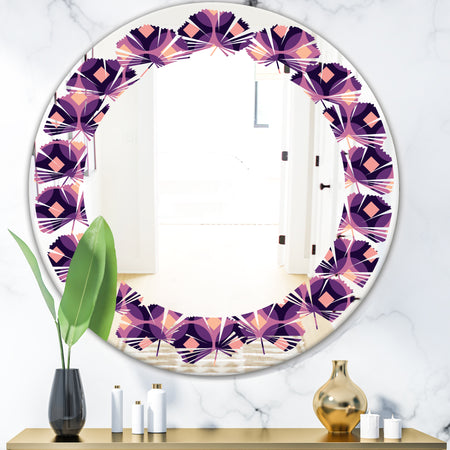 Retro Circular Purple and Yellow Pattern - Modern Round or Oval Wall Mirror - Leaves