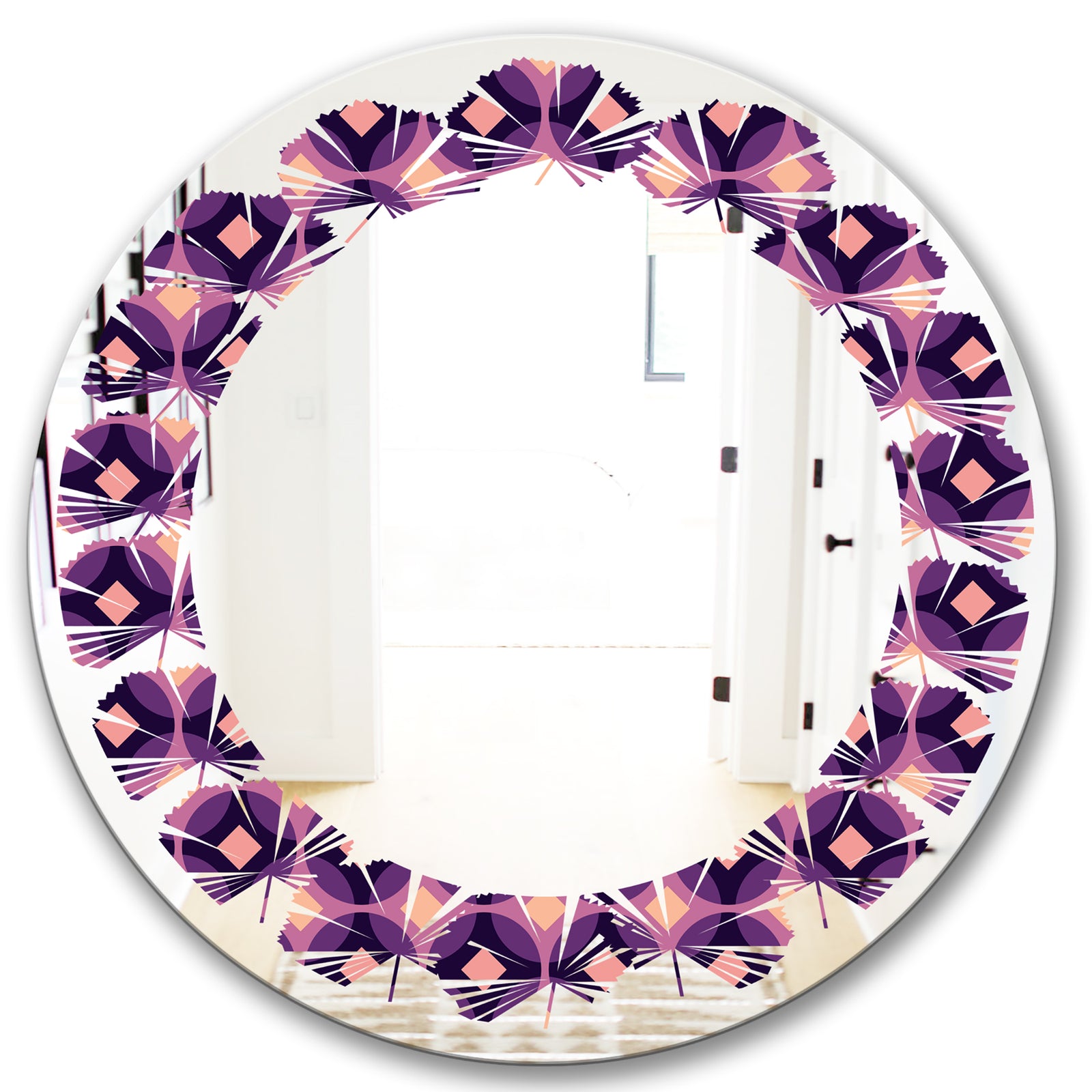 Retro Circular Purple and Yellow Pattern - Modern Round or Oval Wall Mirror - Leaves