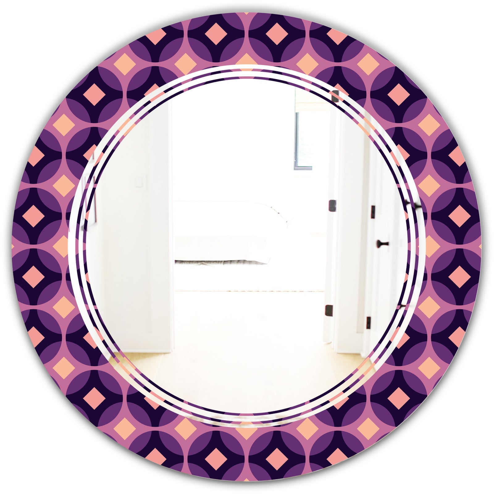 Retro Circular Purple and Yellow Pattern - Modern Round or Oval Wall Mirror - Triple C