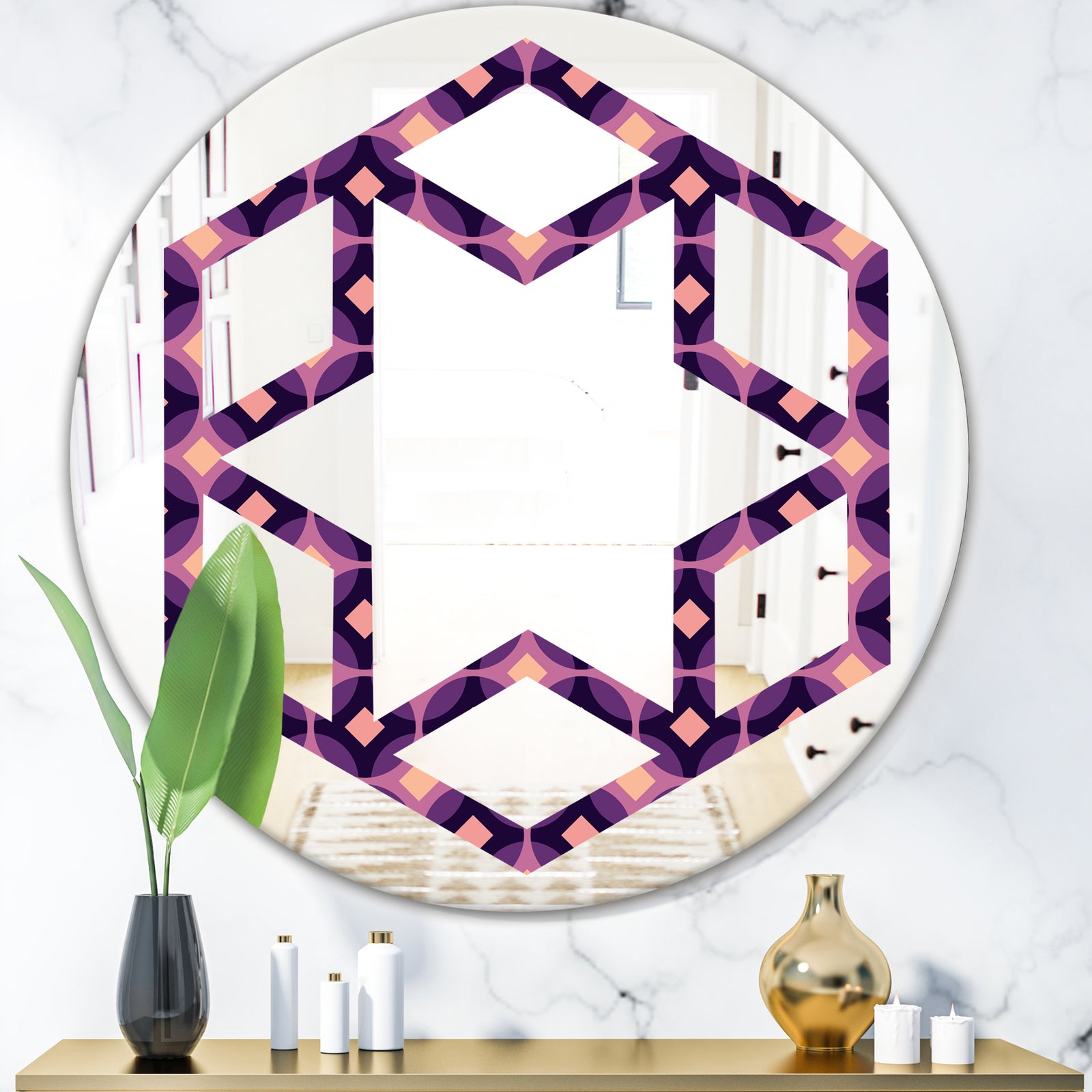 Retro Circular Purple and Yellow Pattern - Modern Round or Oval Wall Mirror - Hexagon Star
