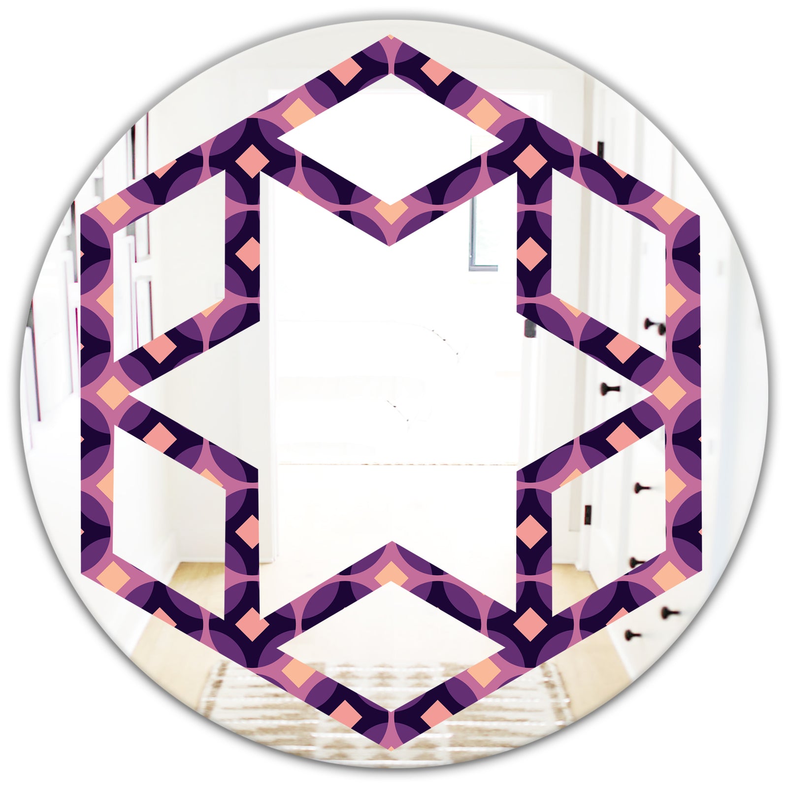 Retro Circular Purple and Yellow Pattern - Modern Round or Oval Wall Mirror - Hexagon Star